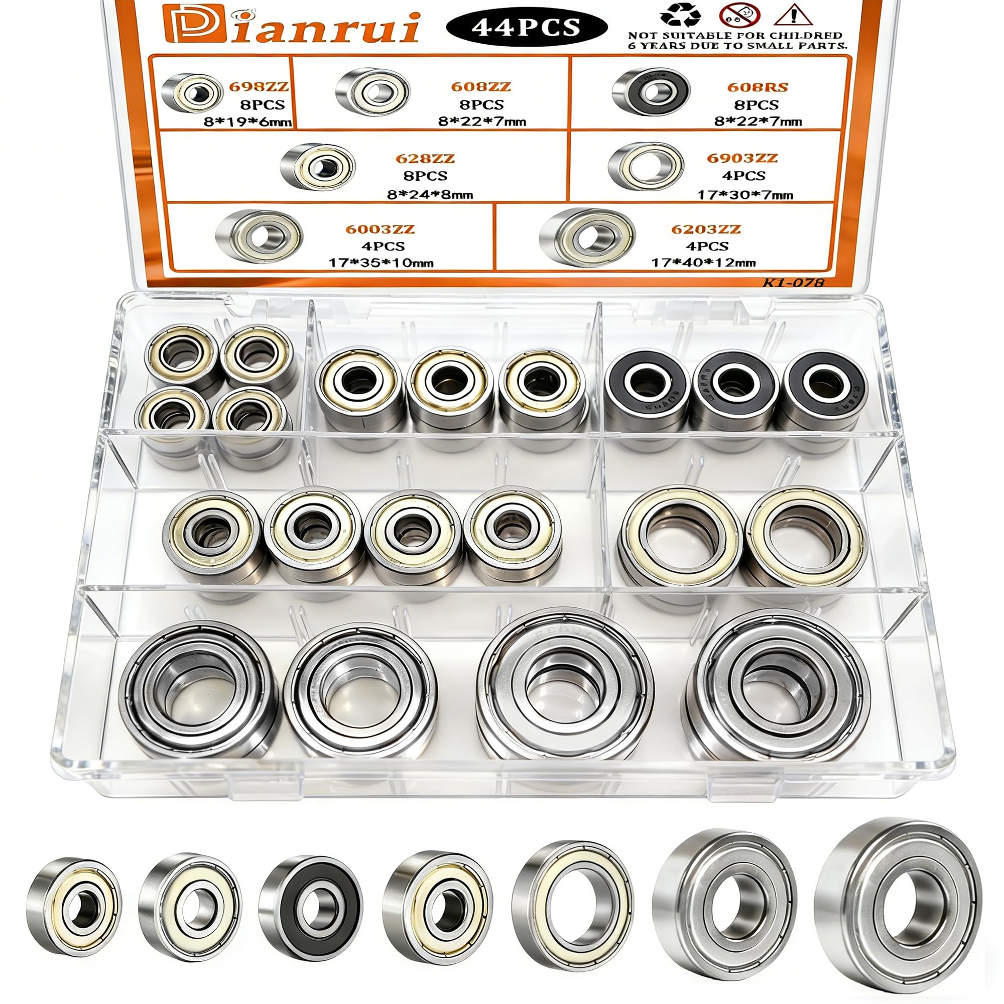 Dianrui 608RS/ 608ZZ/ 698ZZ/ 628ZZ/ 6903ZZ/ 6003ZZ/ 6203ZZ - 44 PCS Ball Bearings Assortment Kit, Carbon Steel Deep Groove Bearing for Furniture Wheel