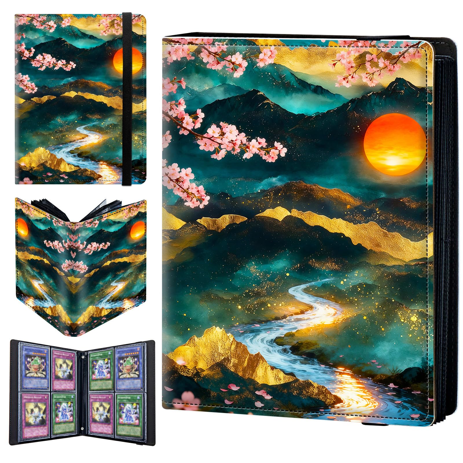 4 Pocket Trading Card Binder 240 Side Loading Pocket Album with Cherry Blossom Green Mountains Pattern Design Card Binder for Sports Cards & Game Cards