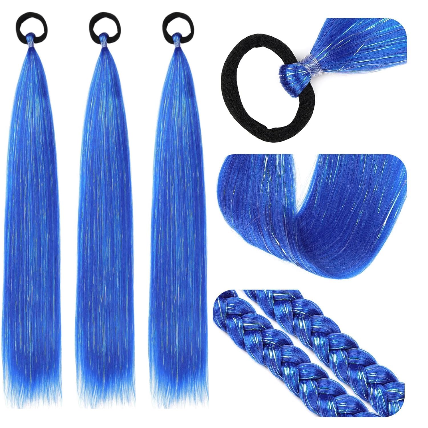 PORSMEER 3 Pack 24 Inch Hair Tinsel Colored Braided Ponytail Extension Gradient Hair Extensions with Elastic Tie Straight Sleek Wrap Around Hair for Braids (royal blue) - Image 2