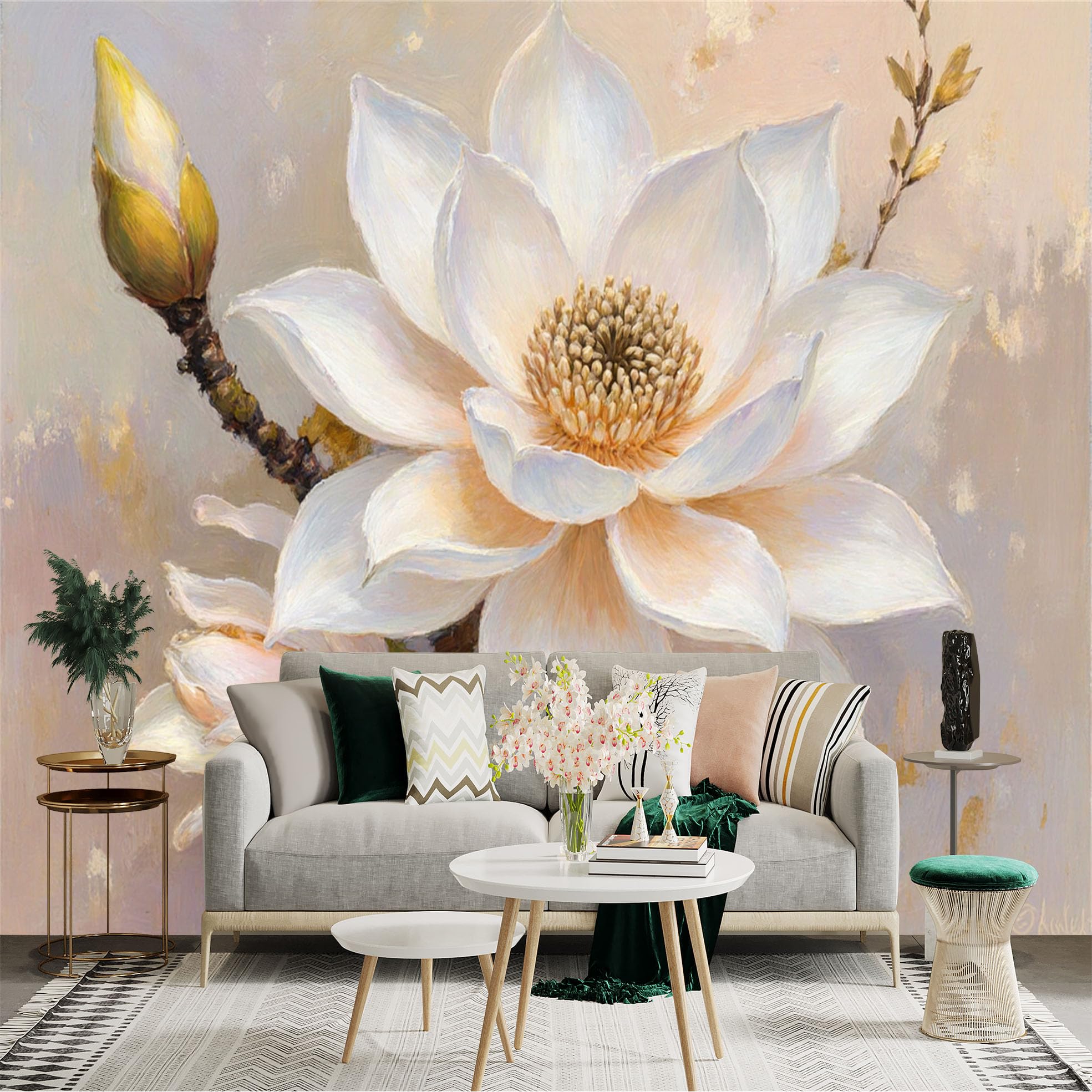 Custom Size Wall Sticker Mural， Elegant White Magnolia Flower， Oil Painting Style， Soft Botanical Art， for wall Decoration， peelandstick wall Decals.