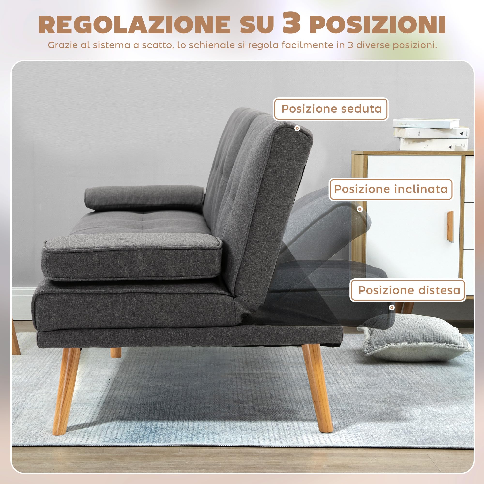 HOMCOM Divano Letto 3 Posti Reclinabile con 2 Braccioli Staccabili, Divano 3 Posti Imbottito Trasformabile in Tessuto e Legno con Portabicchiere per Soggiorno e Salotto, 181x77x78 cm, Grigio Scuro