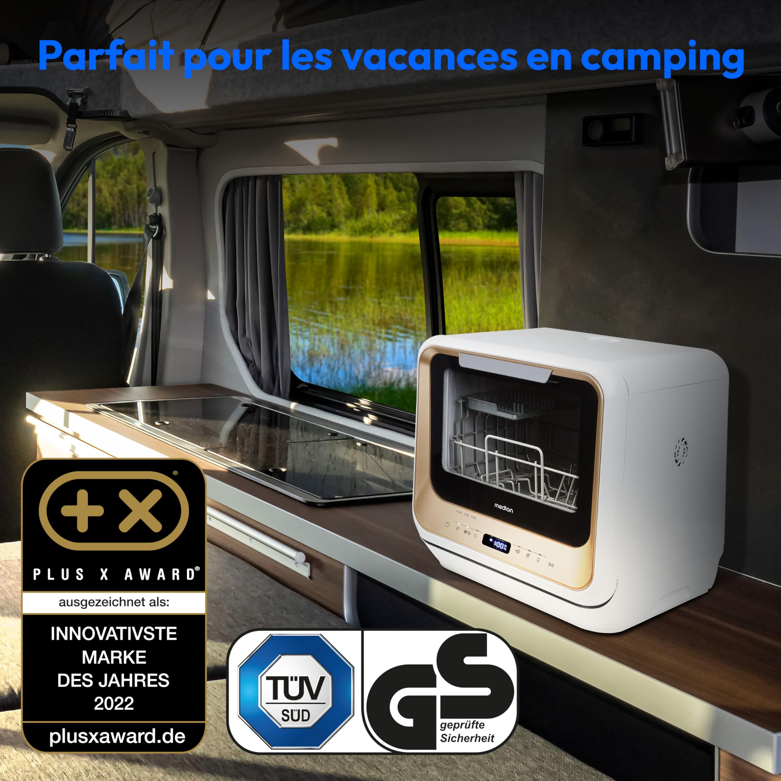 MEDION Mini lave-vaisselle DWT20 (lave-vaisselle de table, lave-vaisselle, 2 couverts, fonctionne avec/sans raccordement à l'eau, 6 programmes de nettoyage, biberons, départ différé, pose libre) or