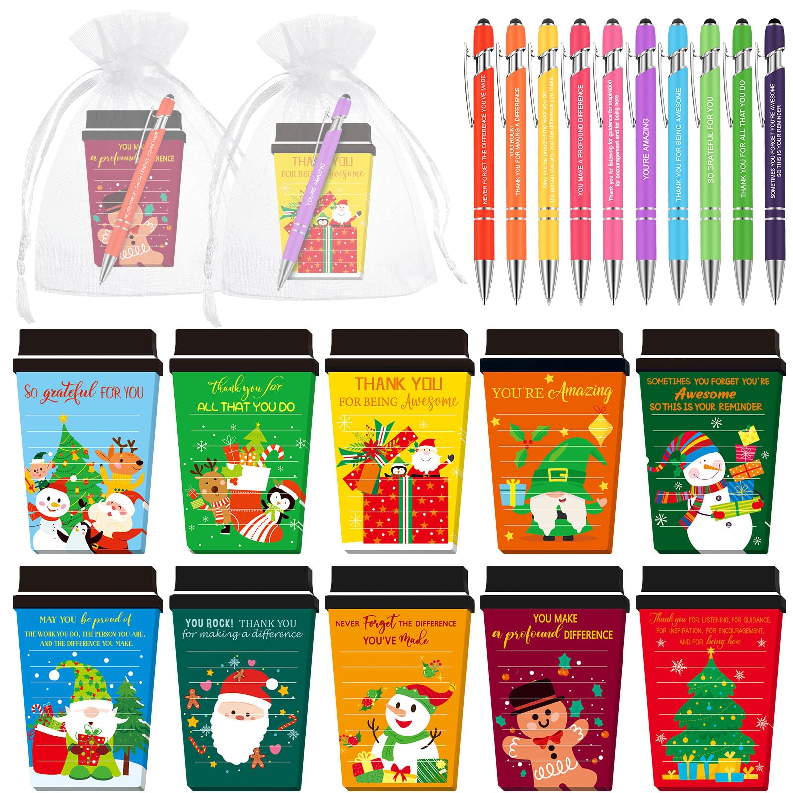 Kosiz 90 Pcs Christmas Coffee Cup Notepads Bulk with Ballpoint Pens and Organza Bags Winter Sticky Notes Memo Pad Xmas to Do List for Study Work