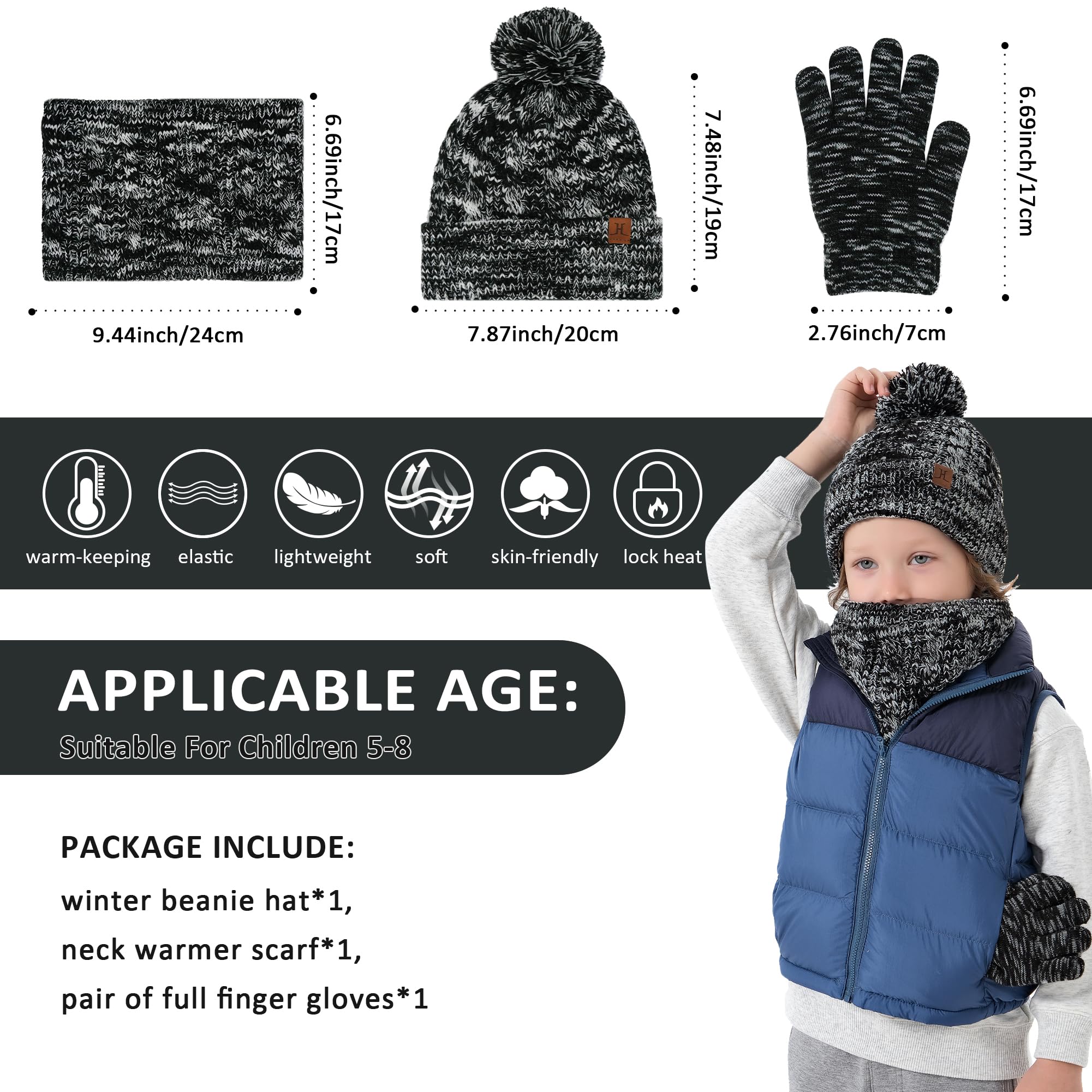 Bebes Enfants Bonnet Pompon Hiver Echarpe Gants Ensemble Cache-Cou avec Polaire pour 0 3 6 Mois 0-8 Ans Cadeaux pour Filles Garçons