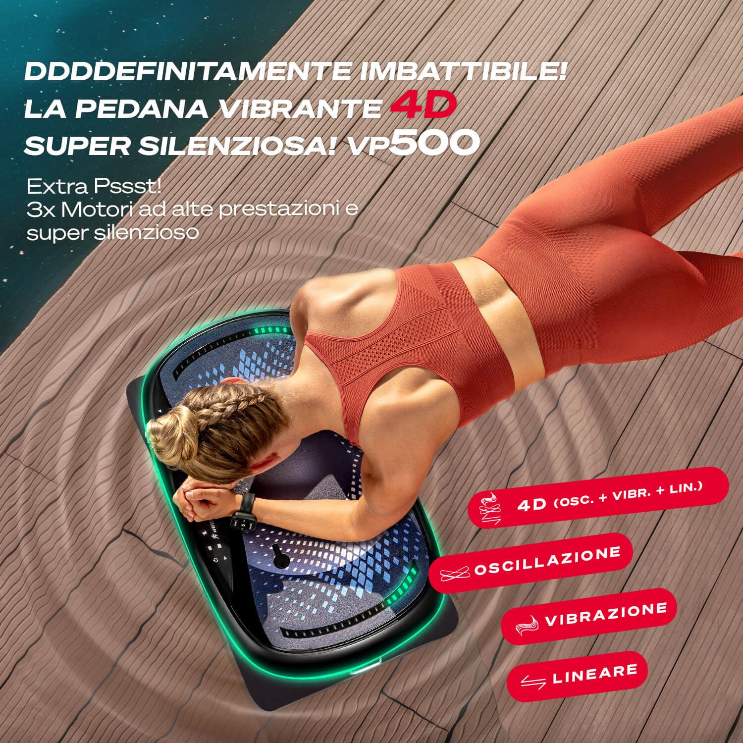 Sportstech Piastra vibrante 4D Premium | Smart LED I 3 motori silenziosi I Next-Level Training con sedile, maniglie per flessioni ecc. Display Color Touch + Bluetooth I Fitness & Yoga per la casa |