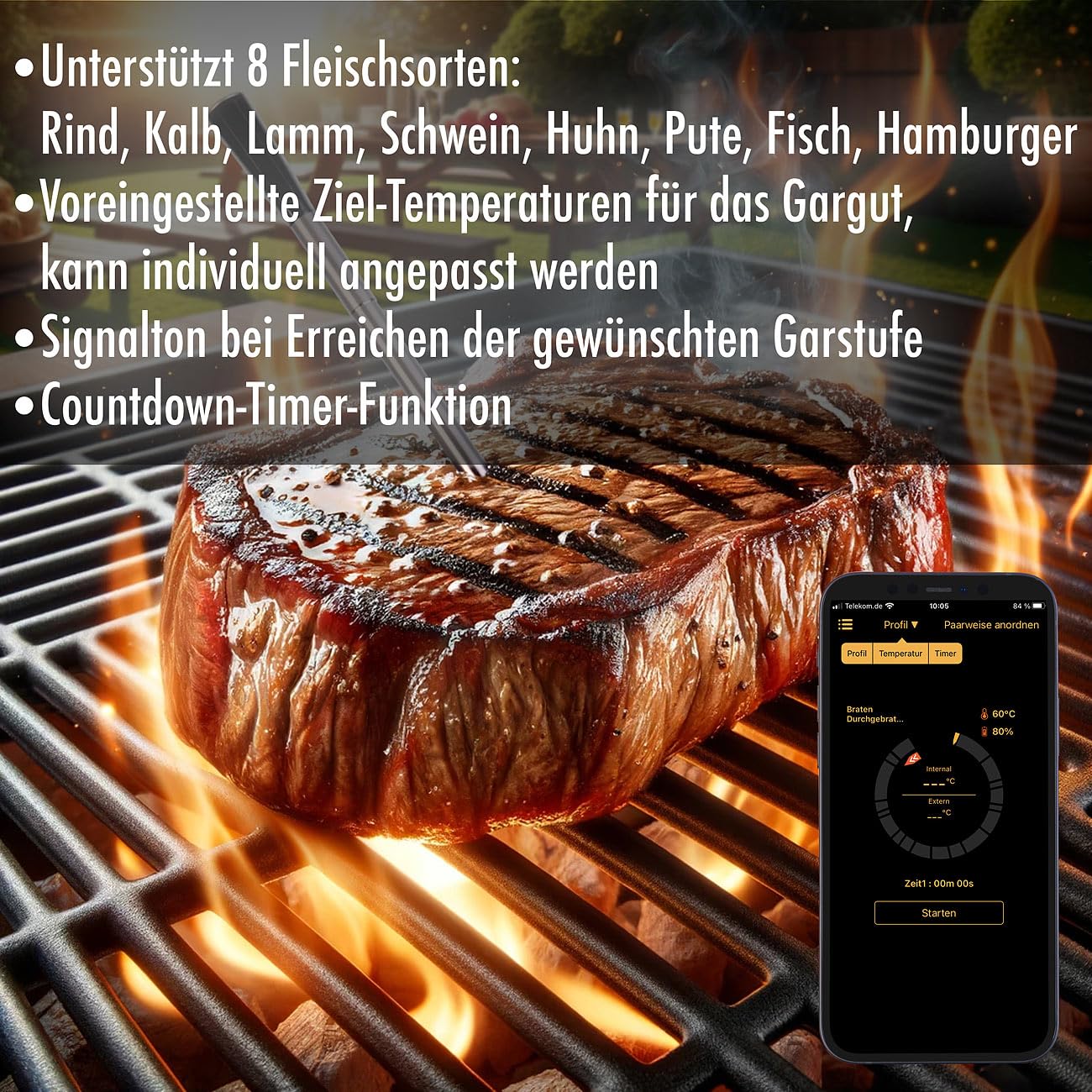 Rosenstein & Söhne Rindfleisch-Thermometer: 2er-Set kabellose smarte Fleisch-, Braten- & Grill-Thermometer,BT5,App (Grillthermometer Digital Funk, Digital-Bratenthermometer, Grillspiesse)