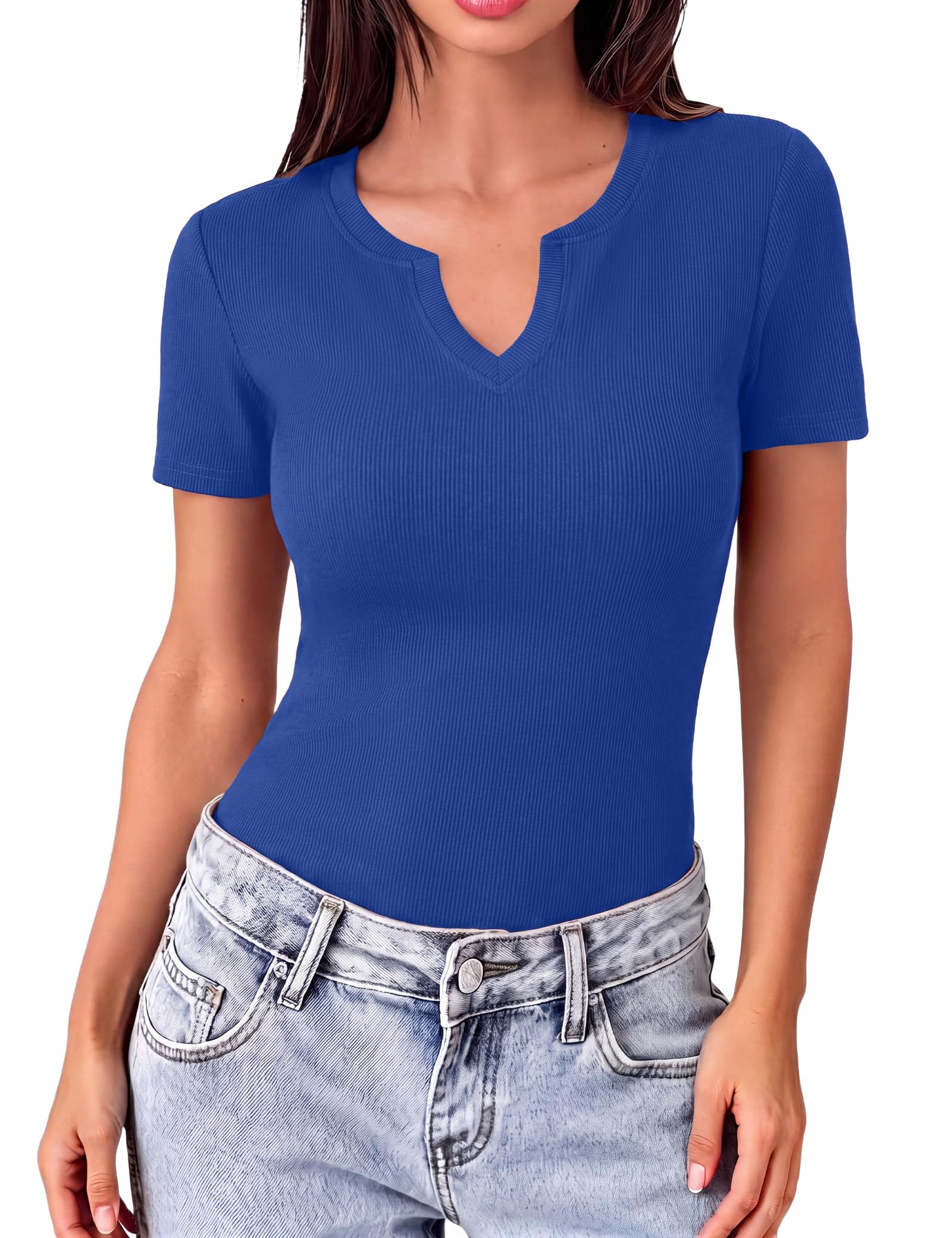 Gyabnw Damen T-Shirt V-Ausschnitt Elegant Gerippt Bluse Oberteil Kurzarm Basic Shirt Casual Sommer Top