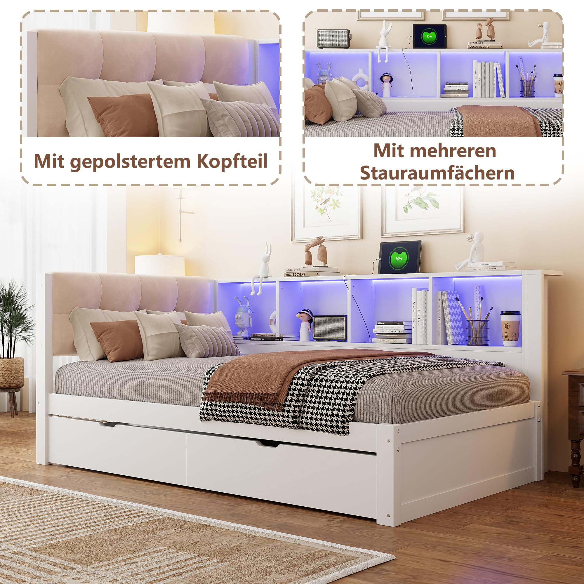 Schlafsofa 90 x 200 cm mit Schubladen, Tagesbett mit Dimmbarer LED-Leiste und USB-Anschluss, Praktischem Regal, Kiefernholz, Weiß (Ohne Matratze)