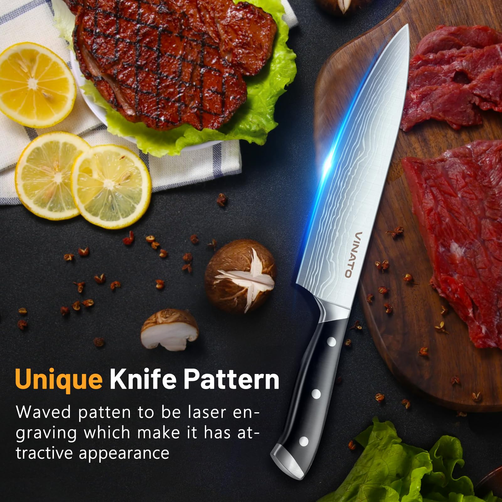 VINATO Couteau Cuisine, Set Couteau Cuisine 14 pièces avec aiguiseur, Set de couteaux de cuisine avec optique damassée, Bloc à couteaux avec couteau tranchant Profi Kochmesserset