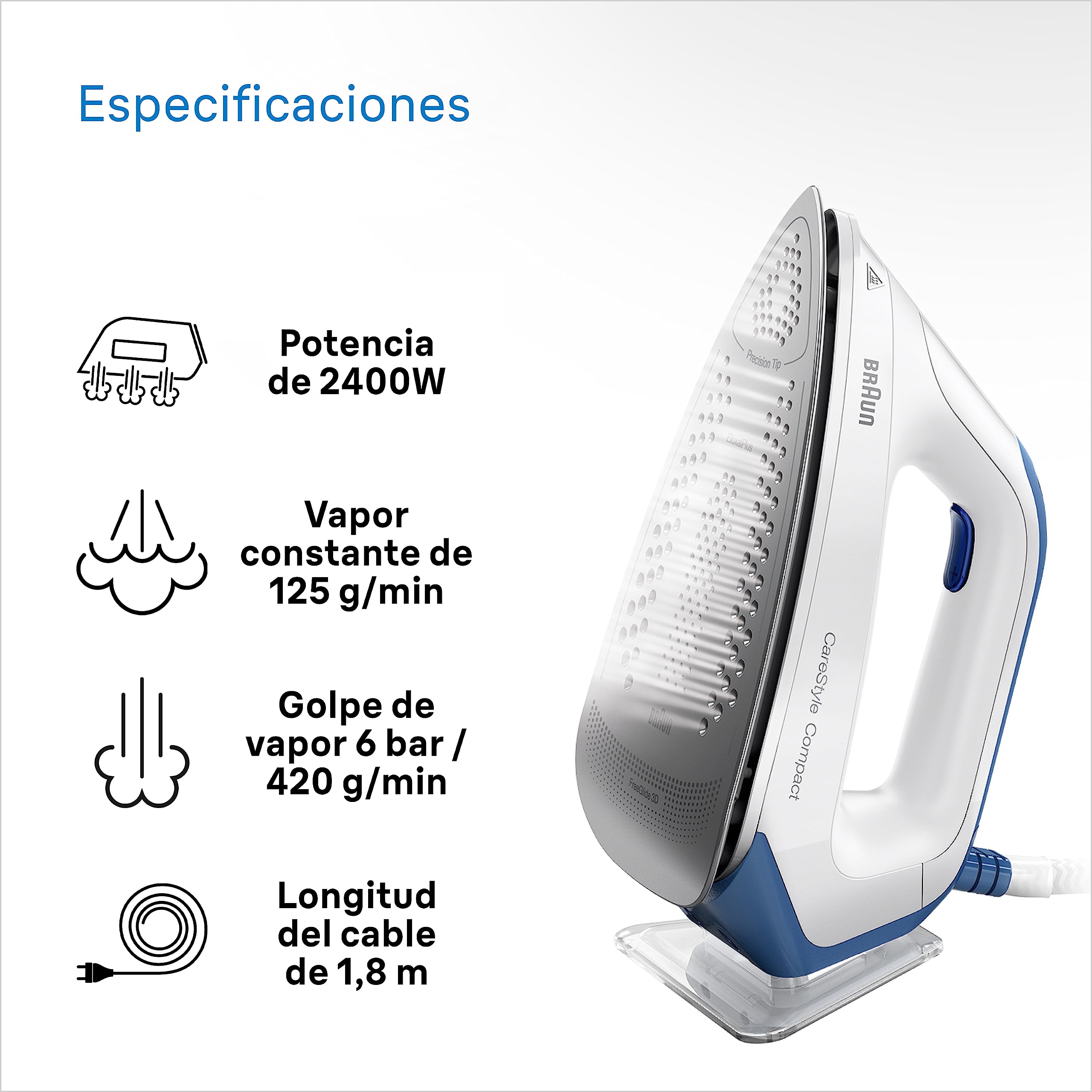 Braun CareStyle Compact Steam Generator, Plancha de Vapor con Suela FreeGlide 3D, Presión de 6 bar, Gran Depósito de Agua de 1,5 l, Función Eco, IS2143BL, Blanco Azul