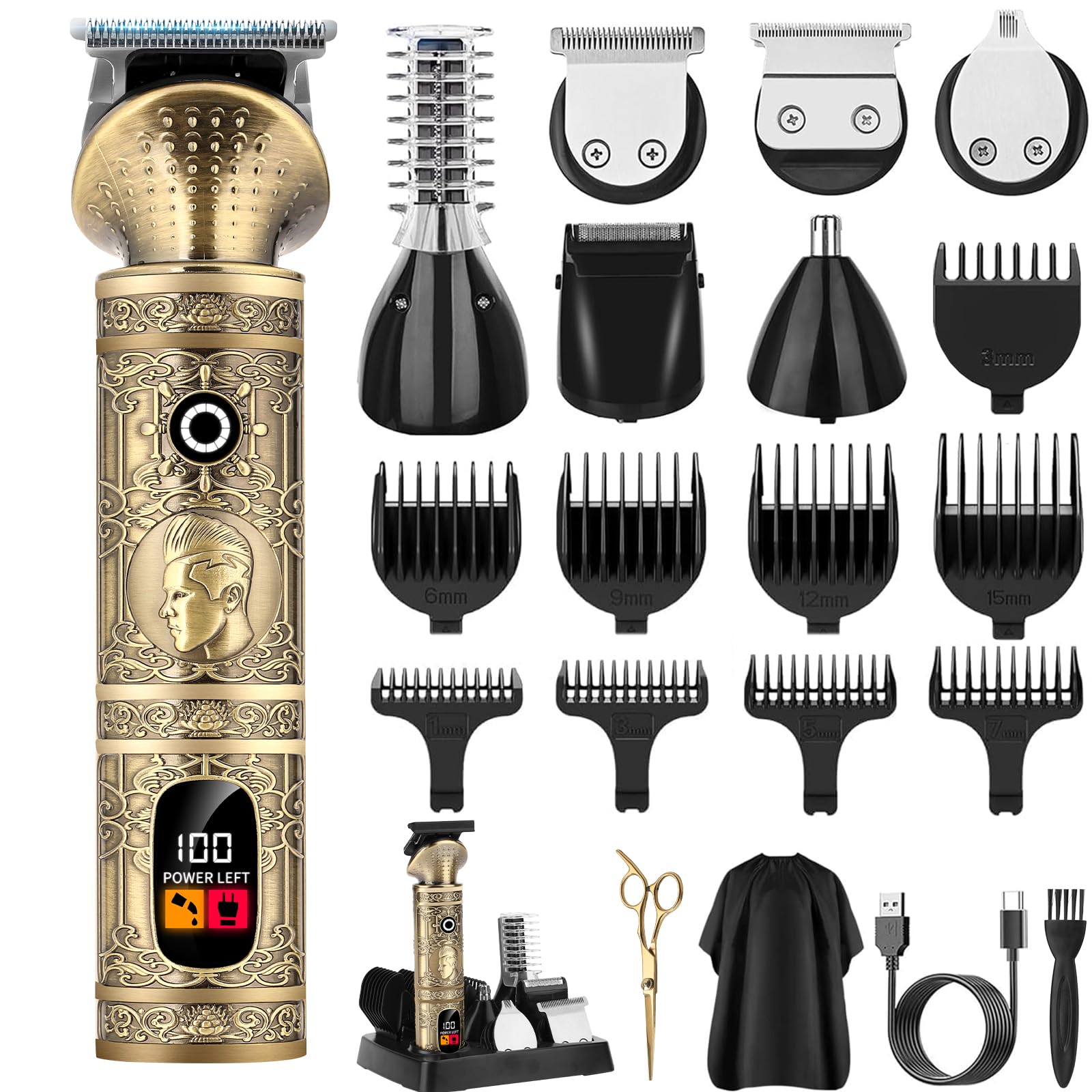 Cortapelos Profesional 6en1 para Hombre - Recortadora de Barba & Cuerpo con Cuchilla T | Máquina de Afeitar Eléctrica Impermeable | Kit Completo para Pelo, Patillas y Vello Corporal