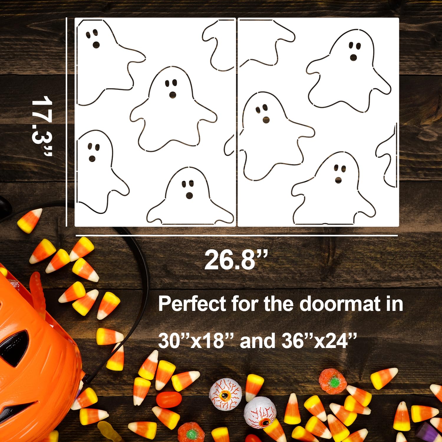 Plantillas de Halloween para felpudo de 17 x 26 pulgadas, plantilla grande de Halloween, plantillas reutilizables para dibujar en telas de madera, tapete de puerta de porche, manualidades, decoración