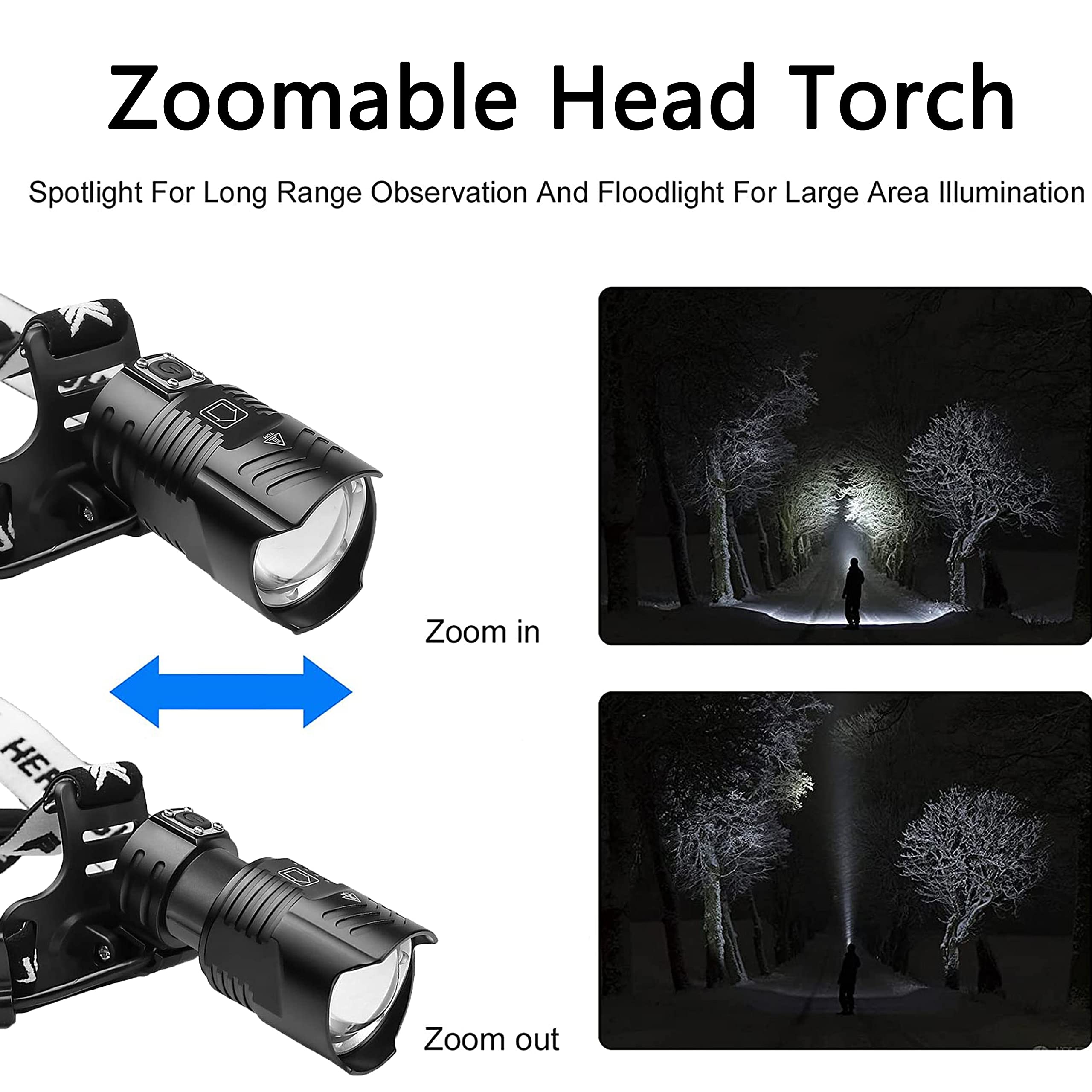 Lampe frontale rechargeable USB puissante, lampe frontale ultra-lumineuse de 15 000 lumens, lampe frontale zoomable 3 modes pour le travail, le camping et l'observation nocturne