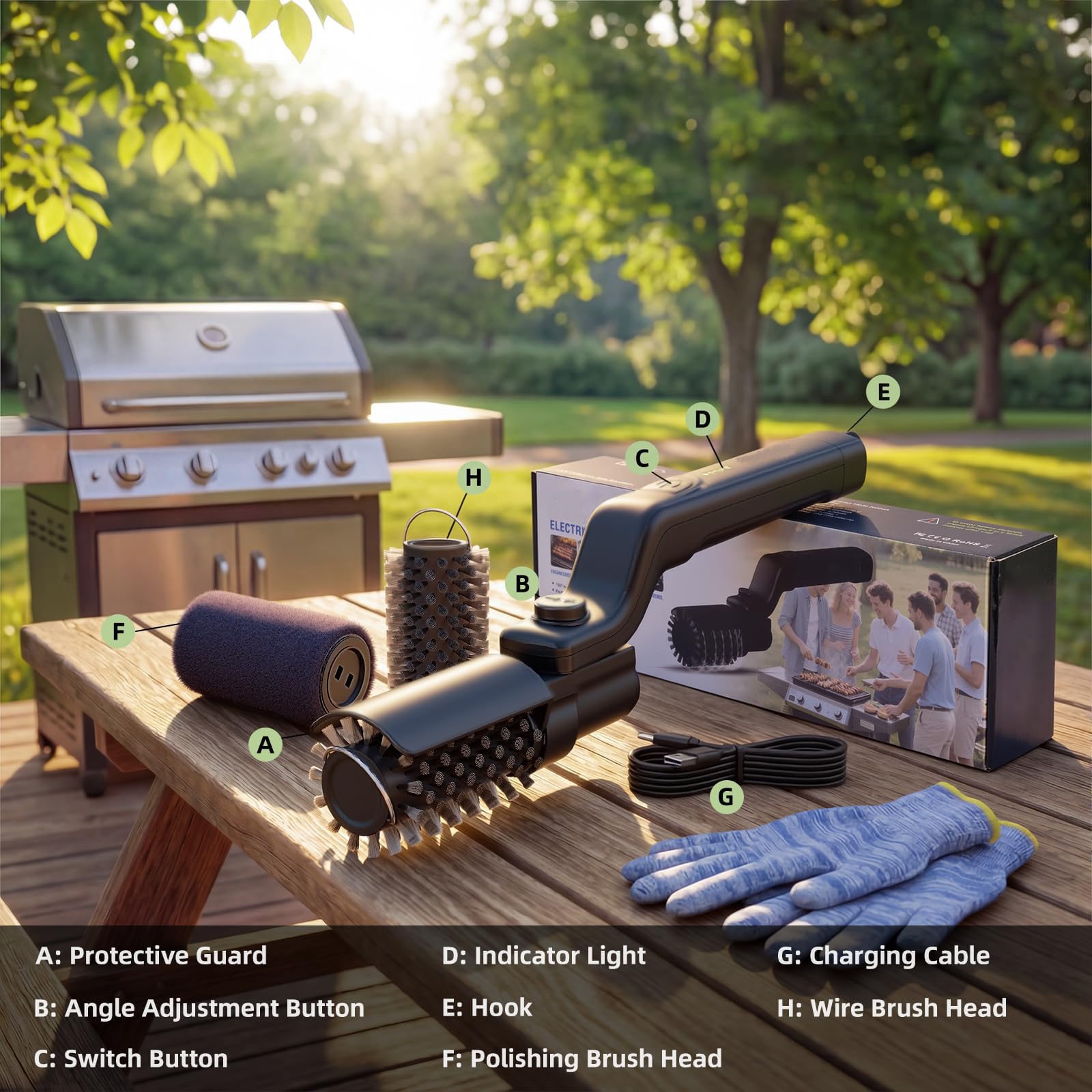 Cepillo Eléctrico para Barbacoa, Electric Grill Brush Recargable con 3 Velocidades, Ángulo Ajustable 180°, Limpiador Profesional para Parrillas y Planchas