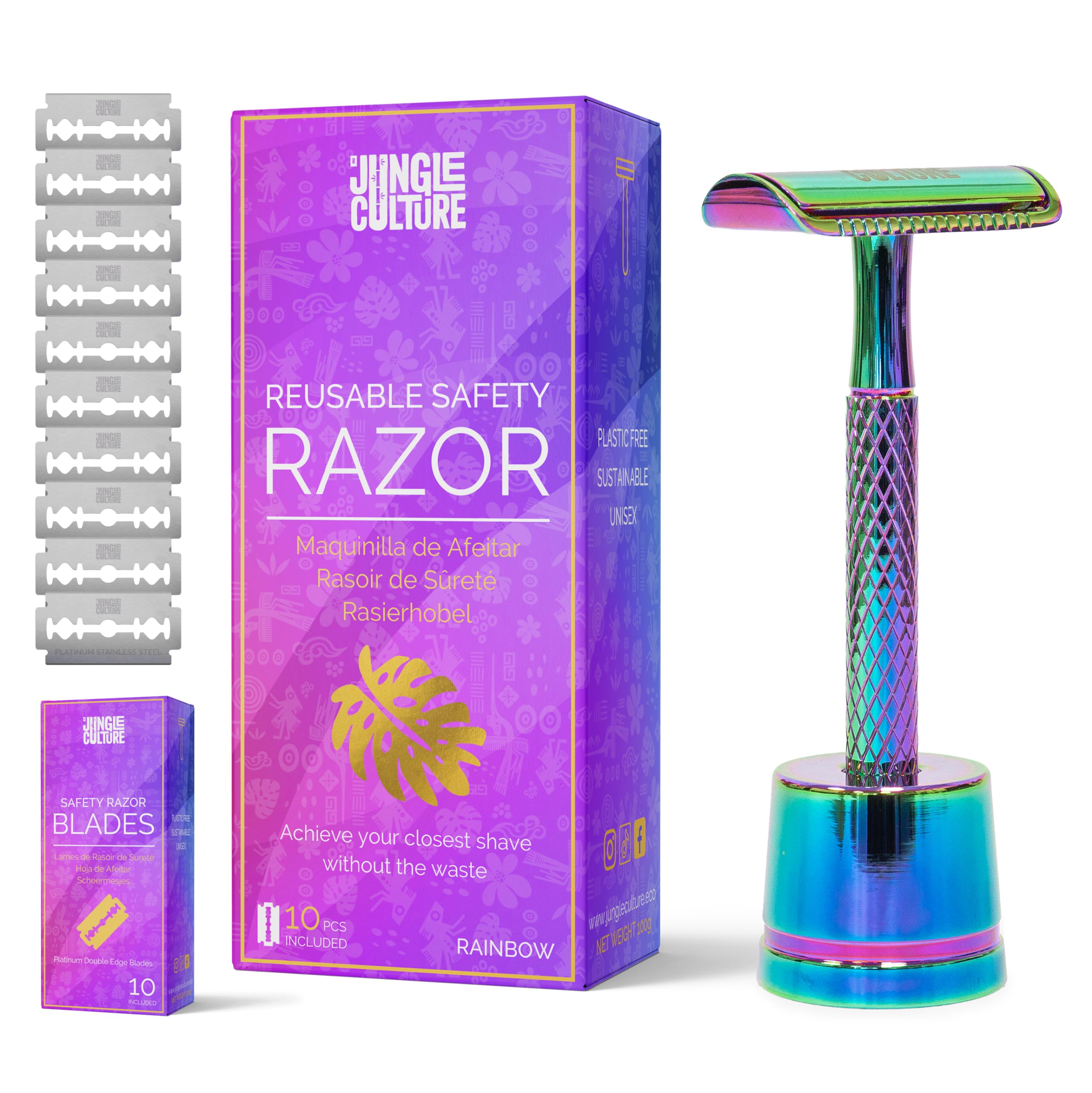 Jungle Culture® Metal Safety Razor with Stand for Women in Rainbow • Reusable Razor & Travel Bag • Fits Double Edge Razor Blades • Single Blade Eco Friendly Ladies Razor for Body & Face • Zero Waste