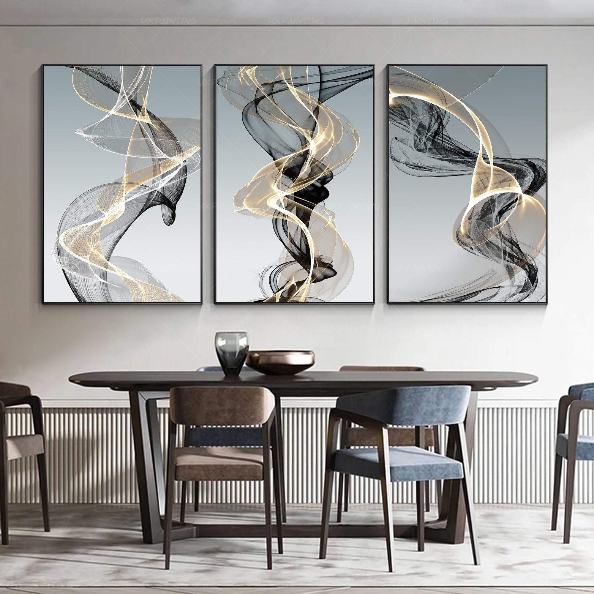 CAOXTART Abstract Swirls Canvas Print Set: Gold & Black Modern Wall Art, Nordic Minimalist Painting for Living Room Home Decor(60x80cmx3/Frameless)