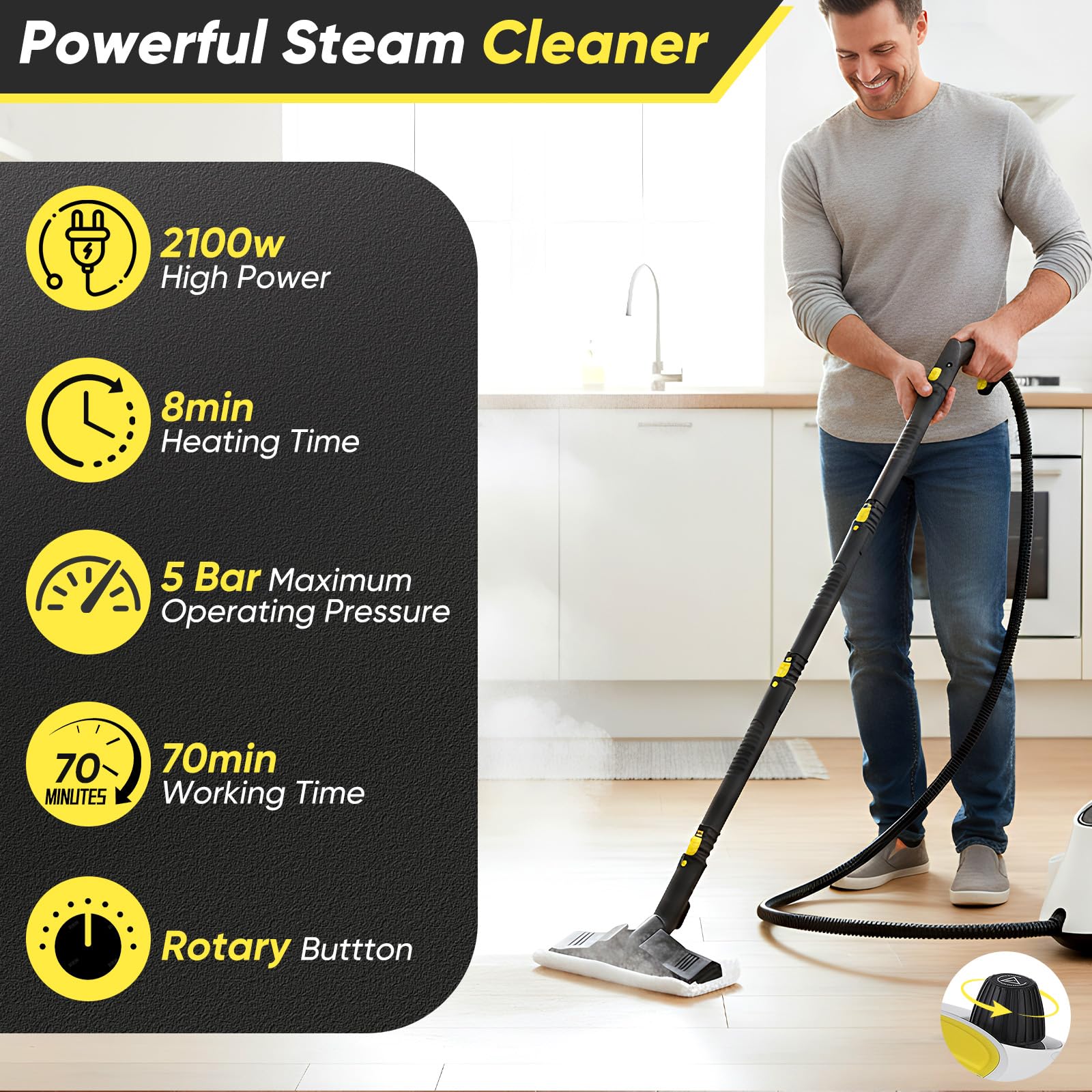 Limpiador de vapor, 2100 W, calentador rápido a 320 °F de alta temperatura, depósito de agua de 2,1 l, limpiador a vapor de mano para muebles de cocina, baño, coche, suelo, sofá con 19 accesorios