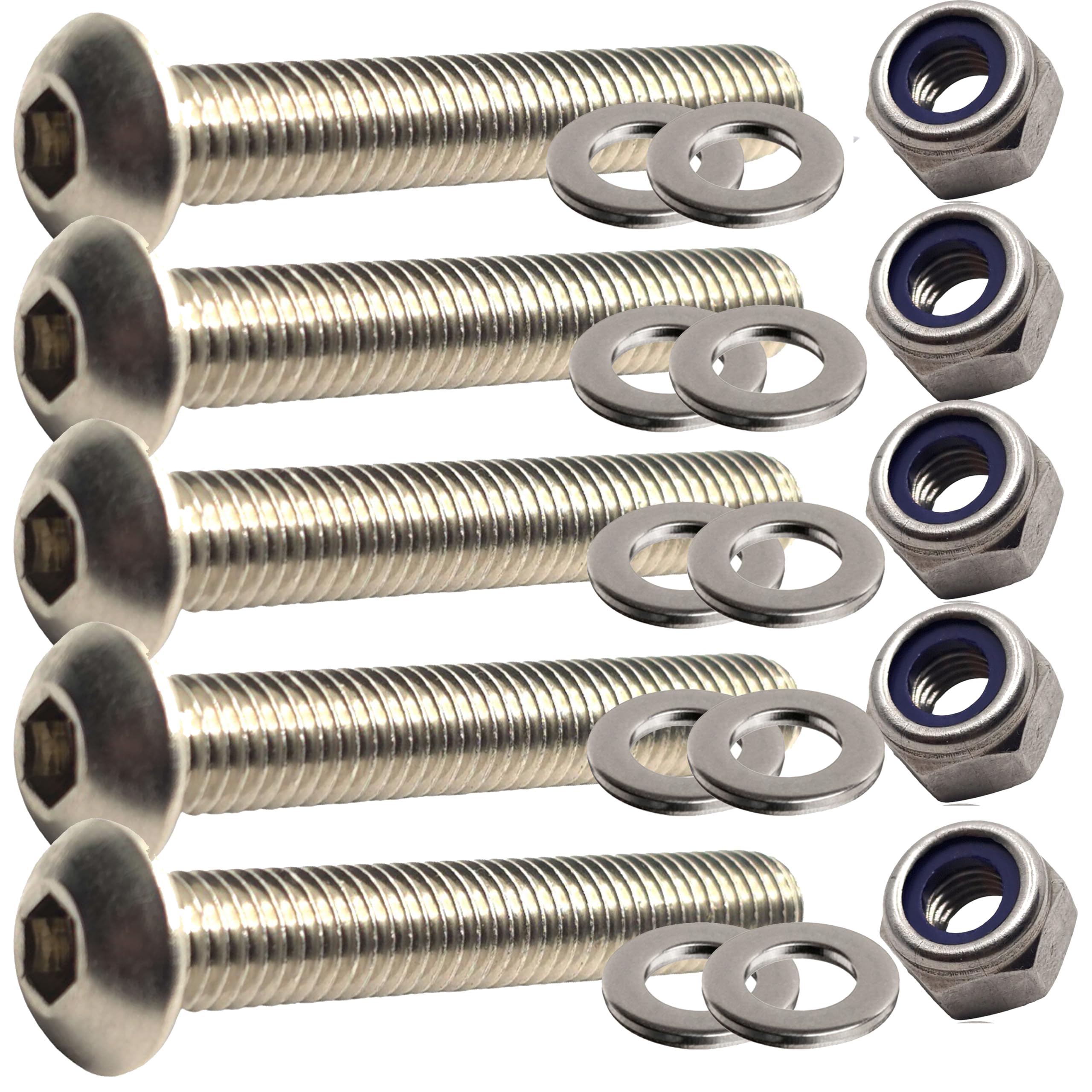 M5 x 50mm Button Head Bolts Set including Nuts and Washers Fully Threaded Socket Made of A2 Stainless Steel (Pack of 5)