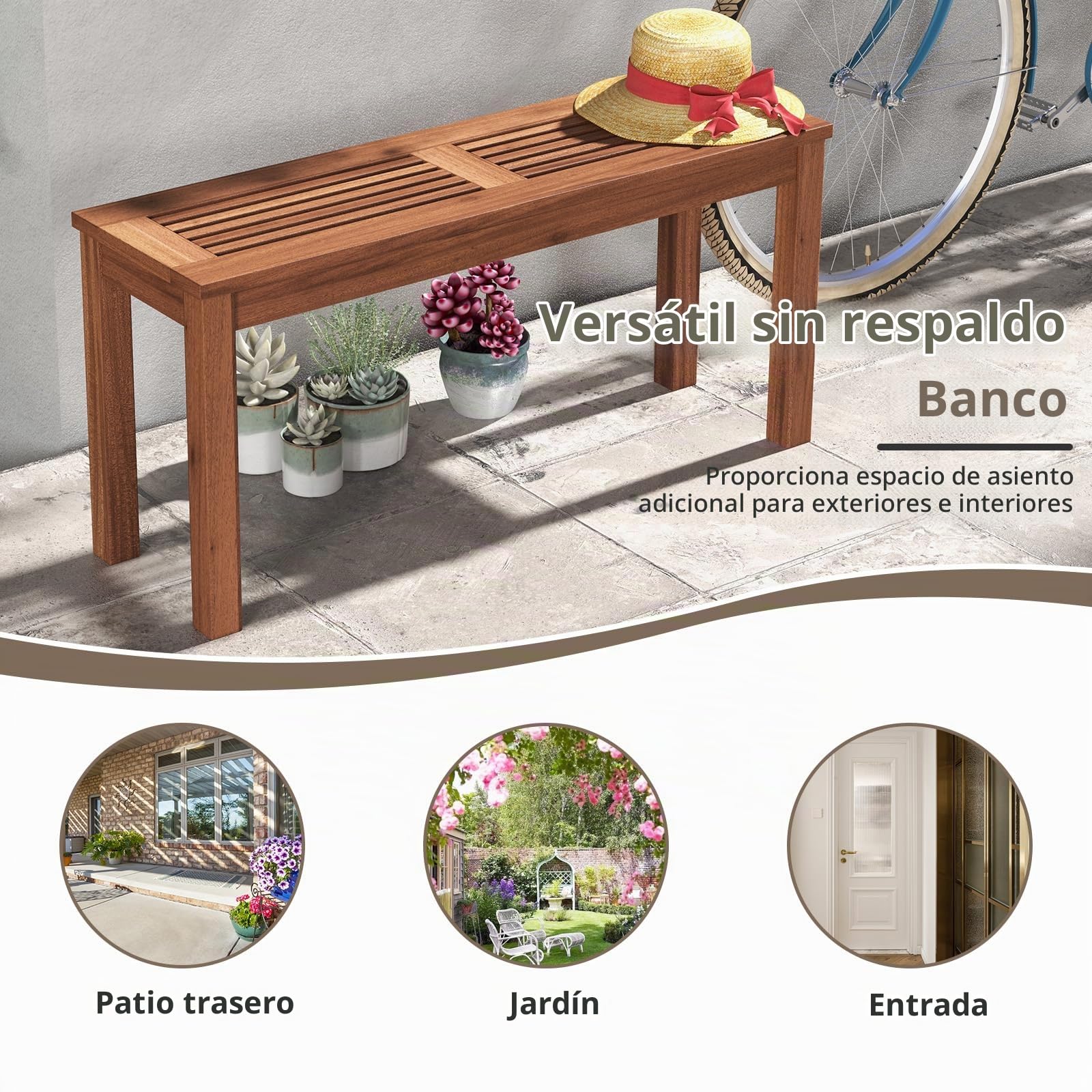 KOMFOTTEU Banco para Exterior de Madera, Banco de Jardín para 2 Personas, Asiento de Listones con Capacidad de hasta 150 kg, Mueble de Asiento para Balcón, Terreza, Porche, 100 x 30,5 x 47 cm (1)