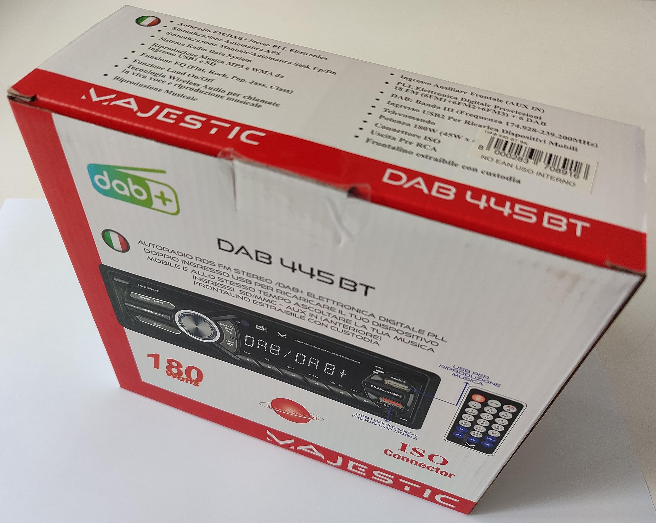Majestic DAB 445 BT - Autoradio RDS FM stereo/DAB+ PLL, Bluetooth, Doppio USB, Ingressi SD/AUX-IN, Frontalino estraibile, Telecomando, 180W (45W x 4ch), Nero