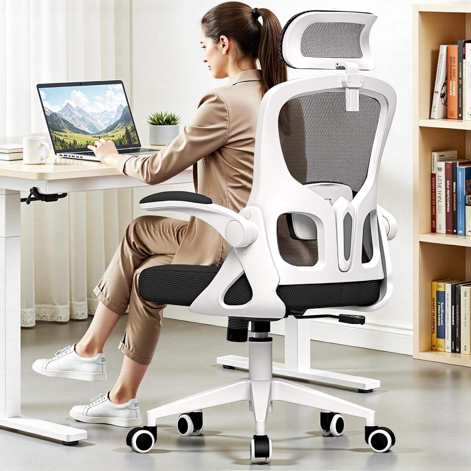 Ergonomic Office Chair, Mesh Desk Chair with Adjustable Headrest & Lumbar Support, Rolling Computer Chair with Flip-up Armrests, Comfy Swivel Home Office Chair for Long Hours - White