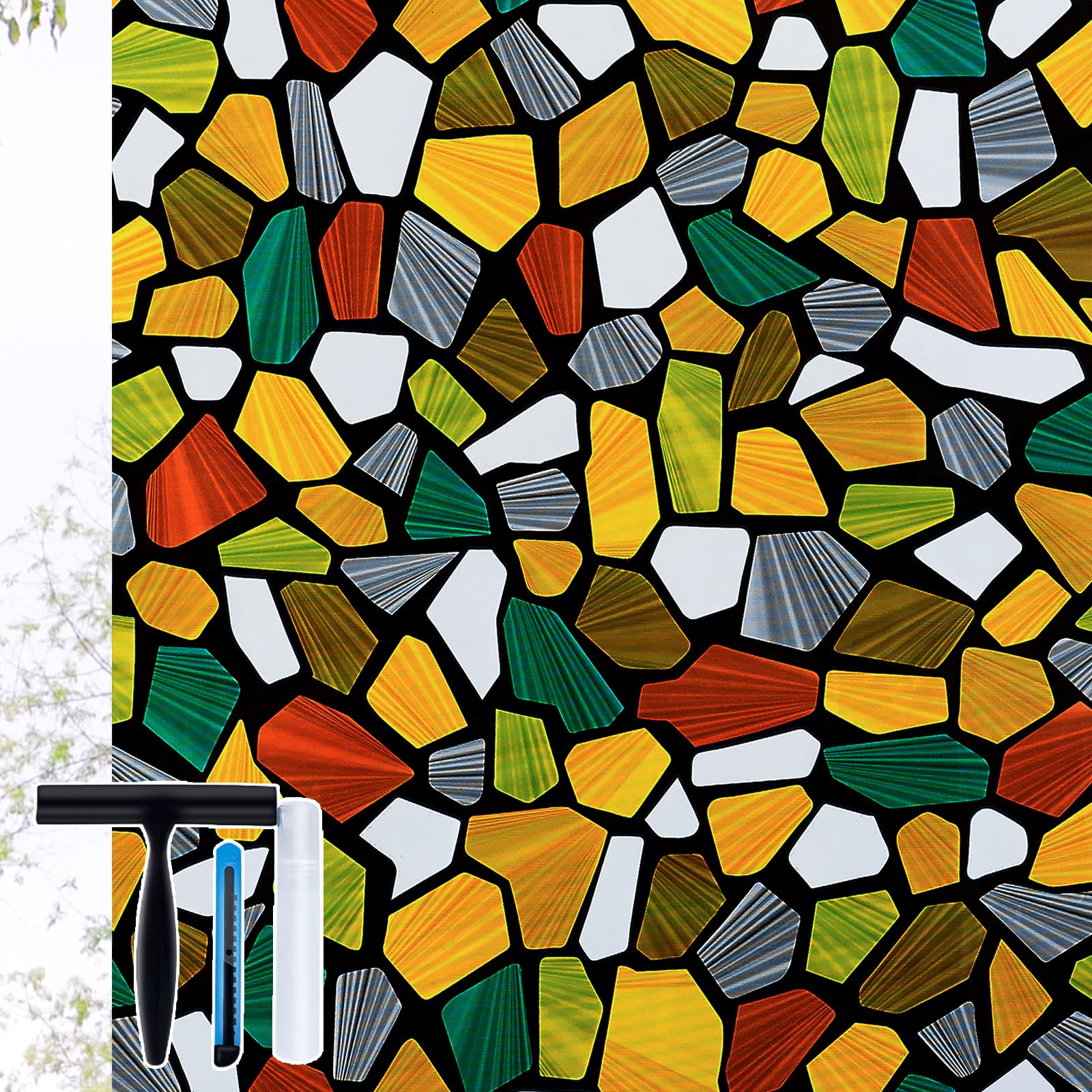 Volcanics Decorative Stained Glass Window Privacy Film with Installation Tools– Static Cling Privacy Sticker for Home &amp; Church, Non-Adhesive, Anti-UV &amp; Heat Blocking, 17.5 x 78.7 Inches
