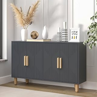 Dmora Credenza Dombay 120x30x74h cm Nero Antracite 2 Ripiani 4 Vani, Madia 4 Ante