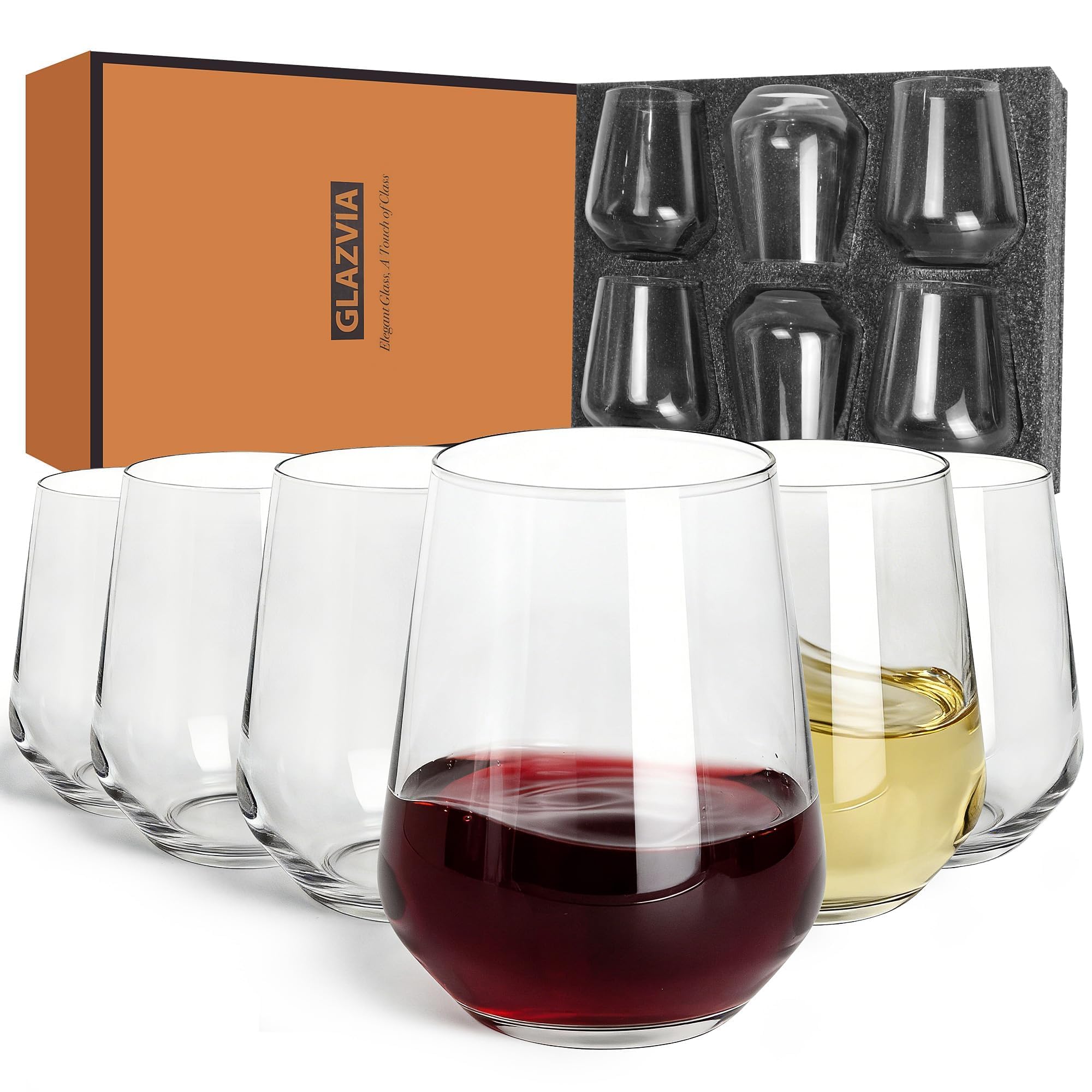 GLAZVIA Stemless Wine Glasses Set of 6, 435ml Clear Drinking Glassware Dishwasher Safe, Wine Glass Tumblers for Red or White, Gift for Party, Holiday, Anniversary, Restaurant, Home Bar, Daily Use — image 1