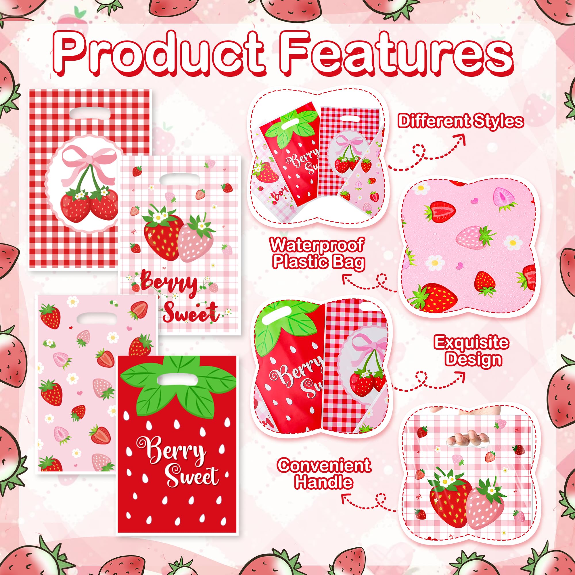 40Pcs Strawberry Goodie Bags,9.8x6.6Inch Red Plastic Strawberry Candy Party Favor Bags with Handles,Pink Bow Berry Sweet Gift Bags for Birthday,Baby Shower,Summer Themed Party Wedding Decor Supplies(40)