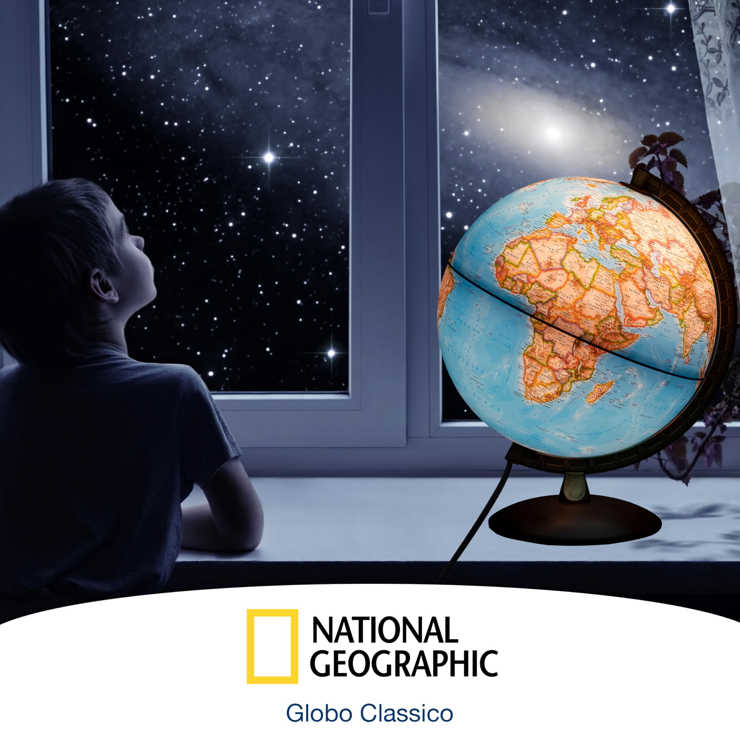 National Geographic - Mappamondo illuminato in stile Classico -30 cm con base stabile e meridiano in metallo, immagine della mappa 2022 fisica/politica con luce LED, immagine della mappa italiana
