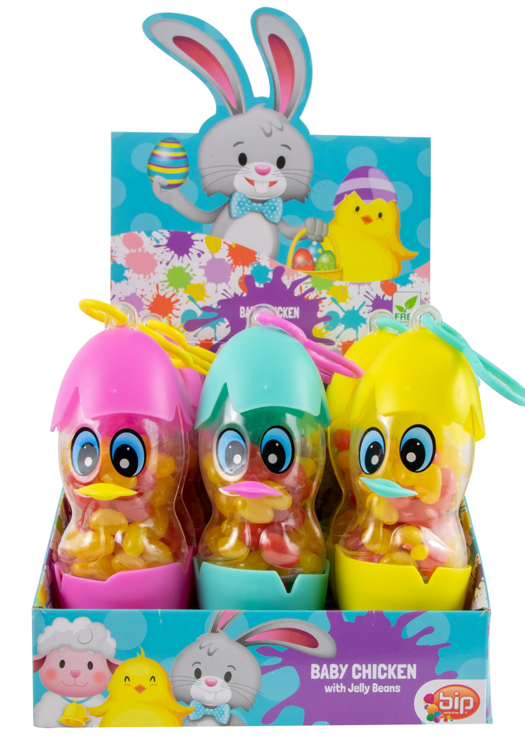 BIP Candy & Toy, Multicoloured Easter Sweet Treats, Easter Goodies Mixed Colour Baby Chickens with Jellybeans, Gluten-Free, Dairy-Free, Nut-Free, Refillable Baby Chicken Bottles For Kids, 12 x 50g