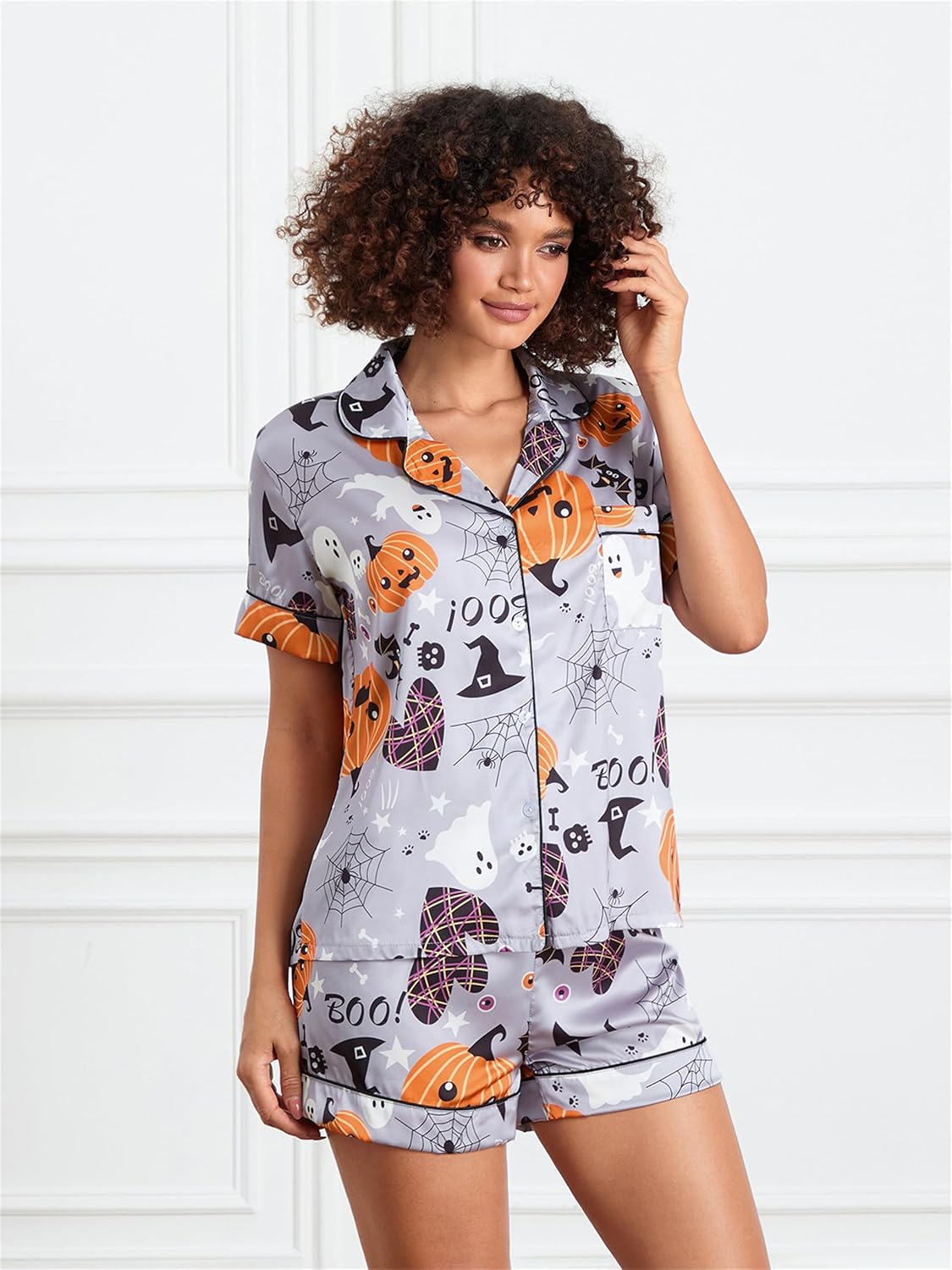 Raruxxin Women Halloween Pajamas Shorts Sets Pumpkin Print Short Sleeve Button Down Shirt Spooky 2 Piece Sleepwear Loungewear - Image 2