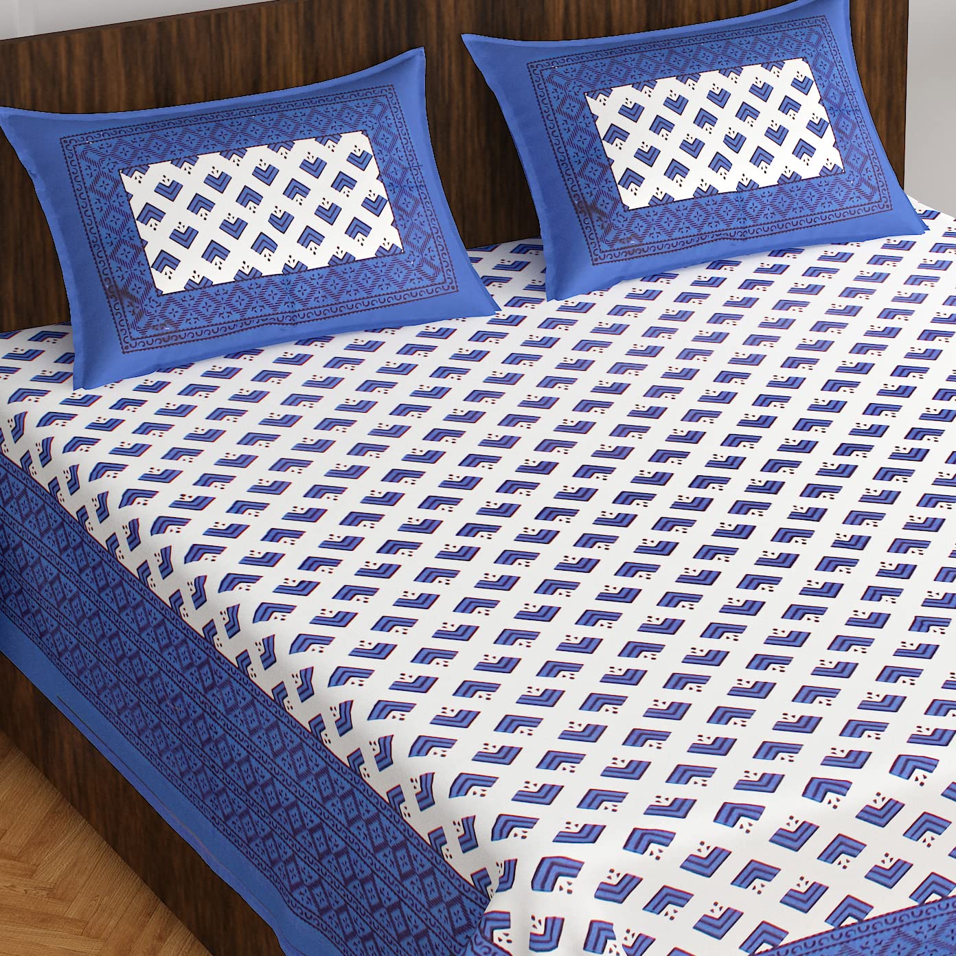 BedZone Cotton Rajasthani Jaipuri Traditional Fashion King Size Double Bed Bedsheet with 2 Pillow Covers (Blue)-image-42