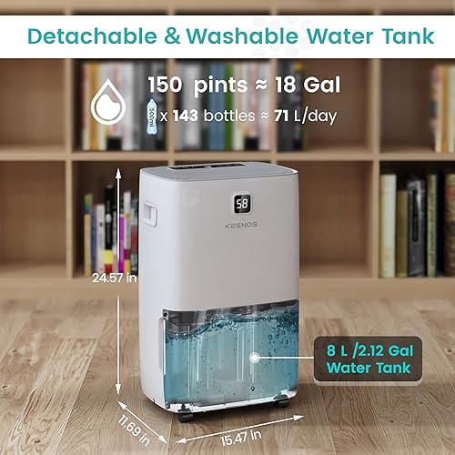 Miniatura 5 de Kesnos El deshumidificador Energy Star de 150 pintas más eficiente con pantalla LCD frontal para el hogar, habitación grande, deshumidificador de