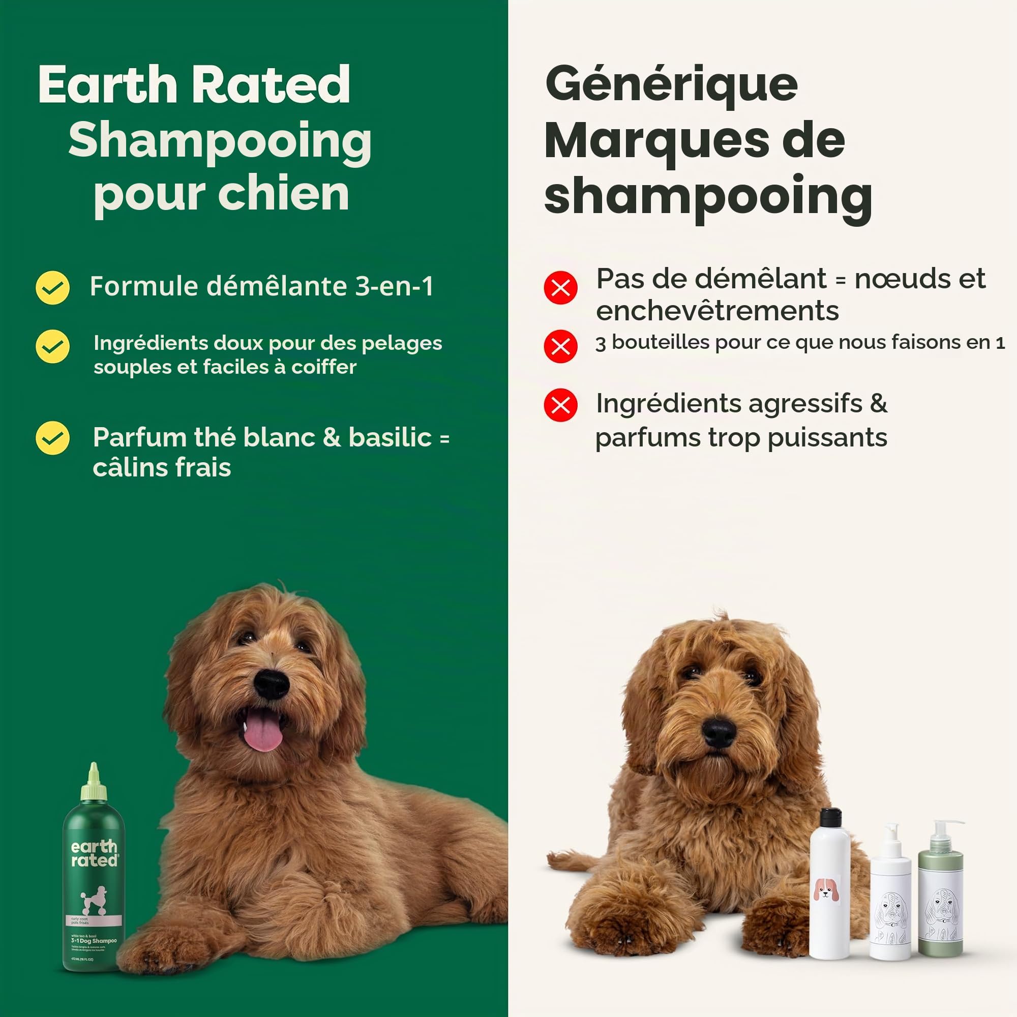 Earth Rated Shampoing et après-shampoing démêlant 3 en 1 pour chien - Shampoing désodorisant à l'avoine pour chiens et chiots - Idéal pour les animaux malodorants - Parfum thé blanc et basilic - 473