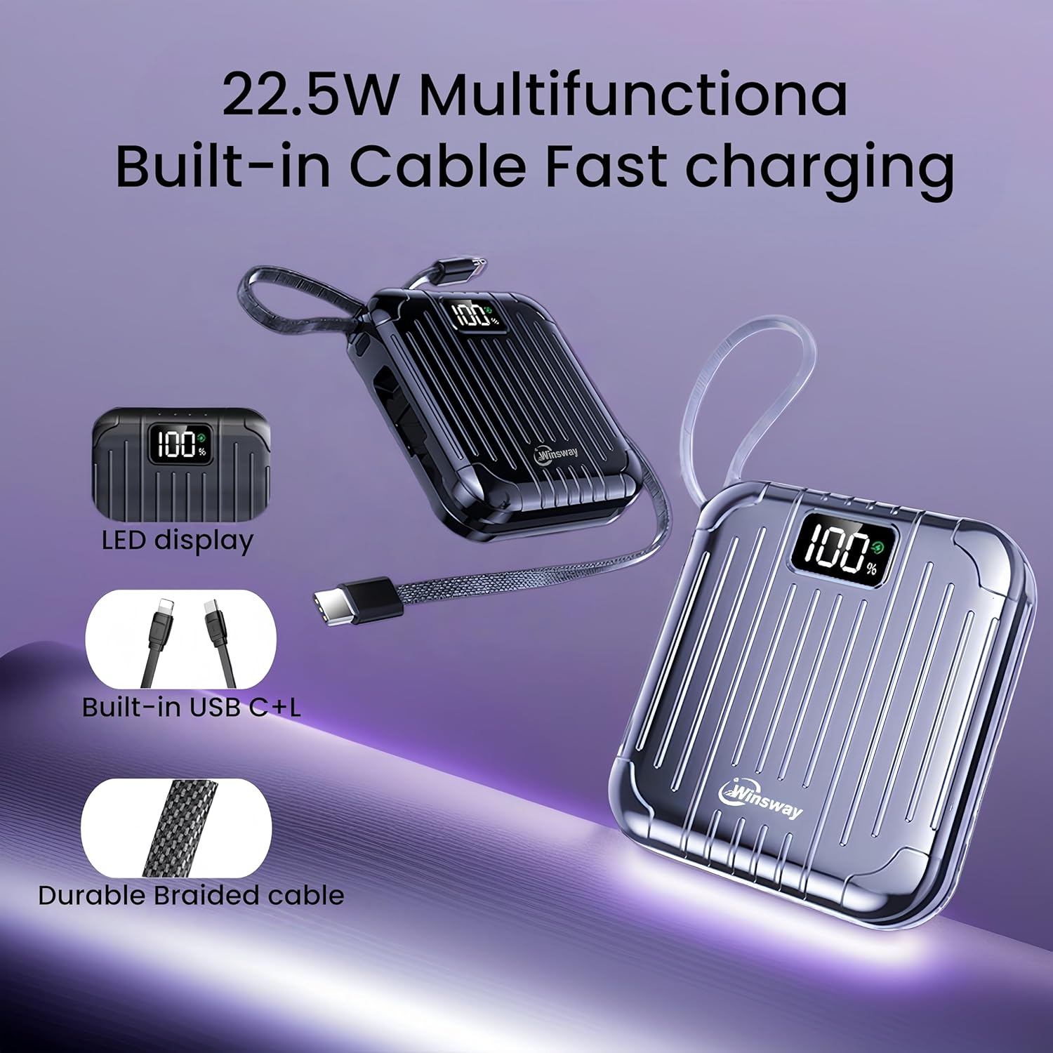 10000mAh Small 22.5W Power Bank with Built in Cable, 3A Fast Charging, 4 Outputs 2 Inputs, Mini Portable Charger for Samsung Google Pixel LG Moto iPhone iPad - Image 2