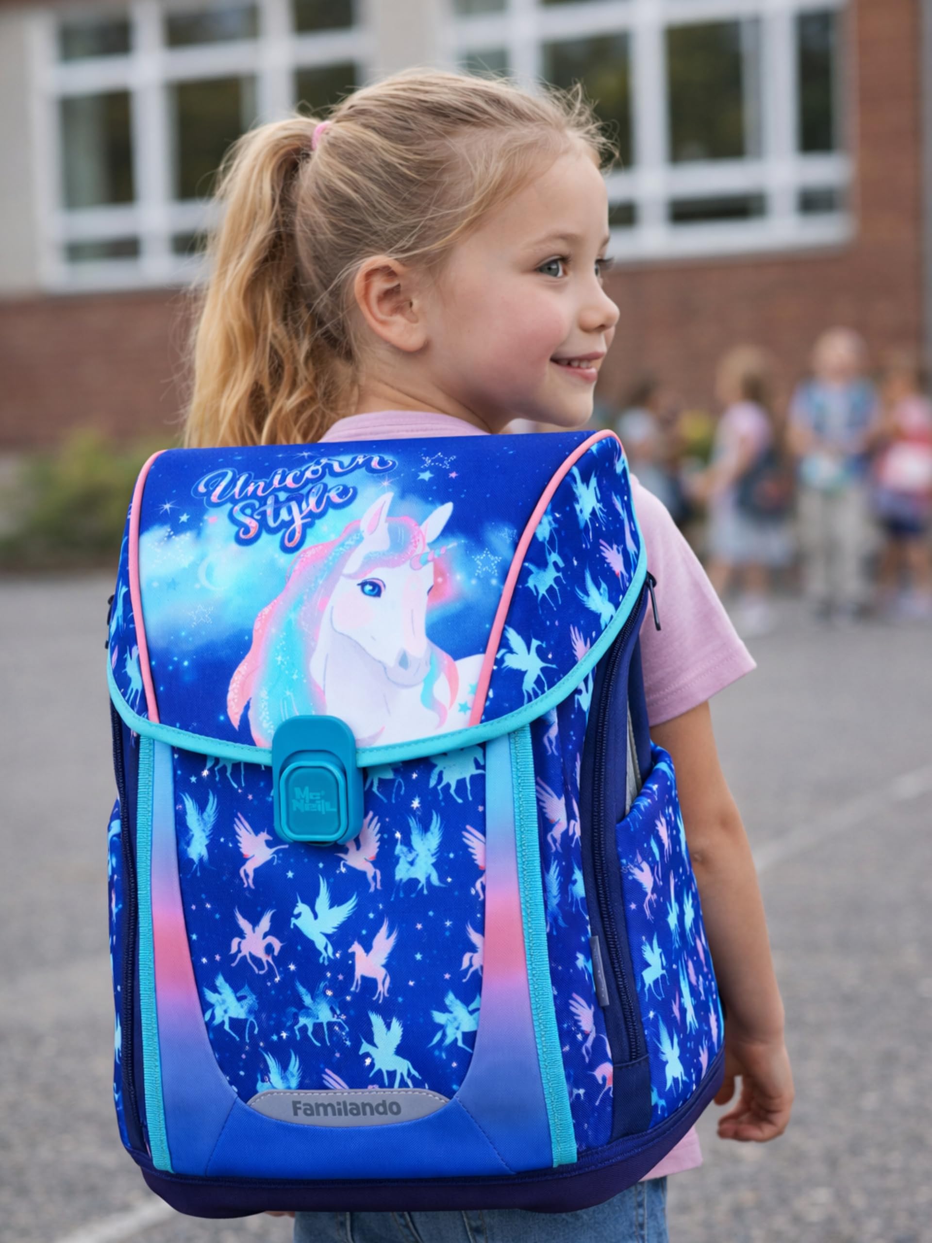 Familando - Premium Schulranzen Set - 6-teilig mit Sporttasche - Unicorn (Einhorn) - Ergonomisch, stabil & mit gepolstertem Rücken - 1000g - 20L Volumen - Mit Reflektoren - ab 1. Klasse