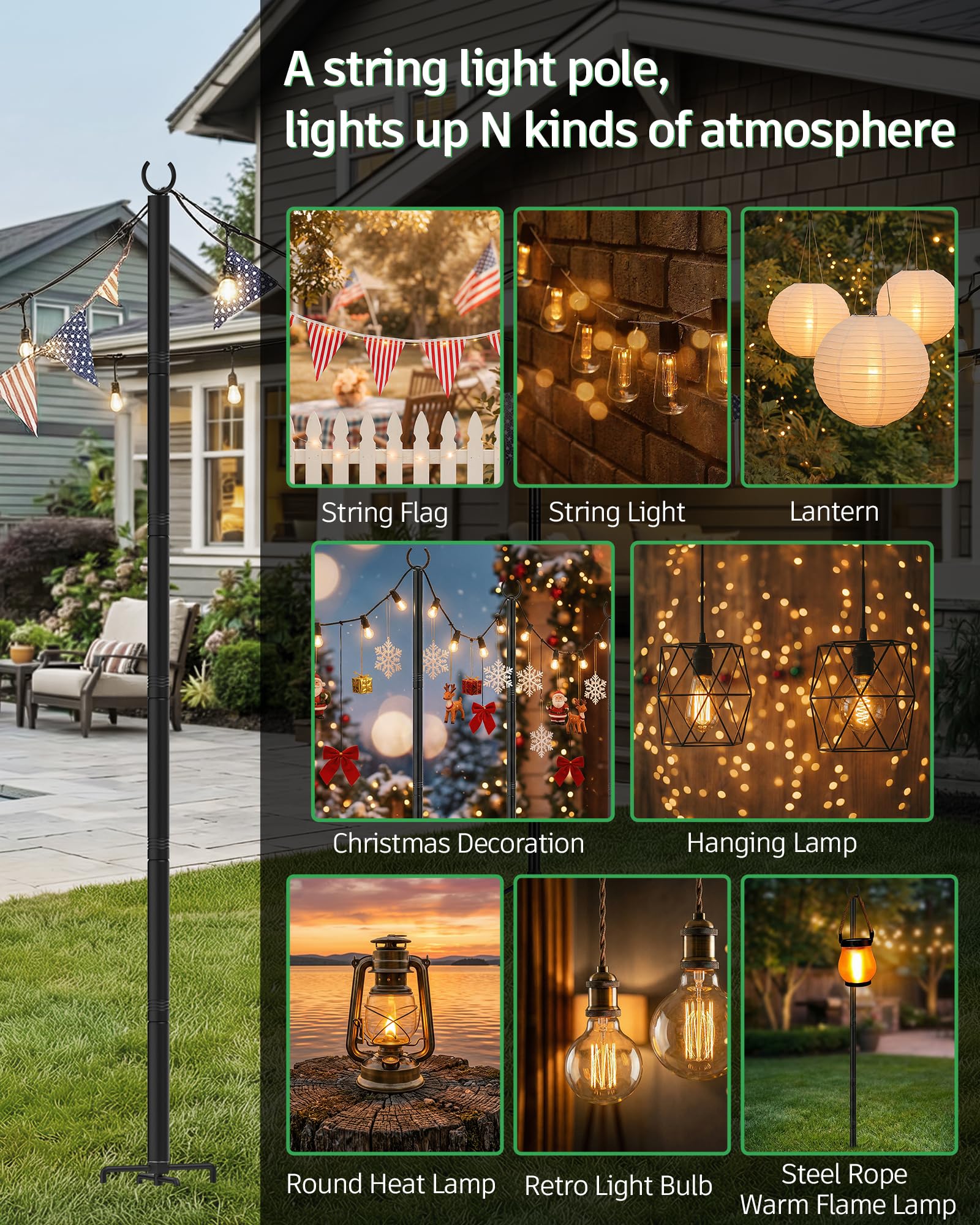 LAND·VOI Confezione da 2 pali luminosi per esterni, resistenti, con base a 5 poli e altezza regolabile, perfetti per cortile, patio, giardino, recinzione e decorazione per feste