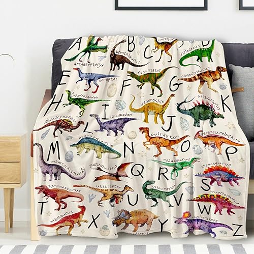 Manta con diseño del alfabeto de dinosaurios, de franela, ligera, suave y acogedora, ropa de cama para niños y adultos, sofá, dormitorio,