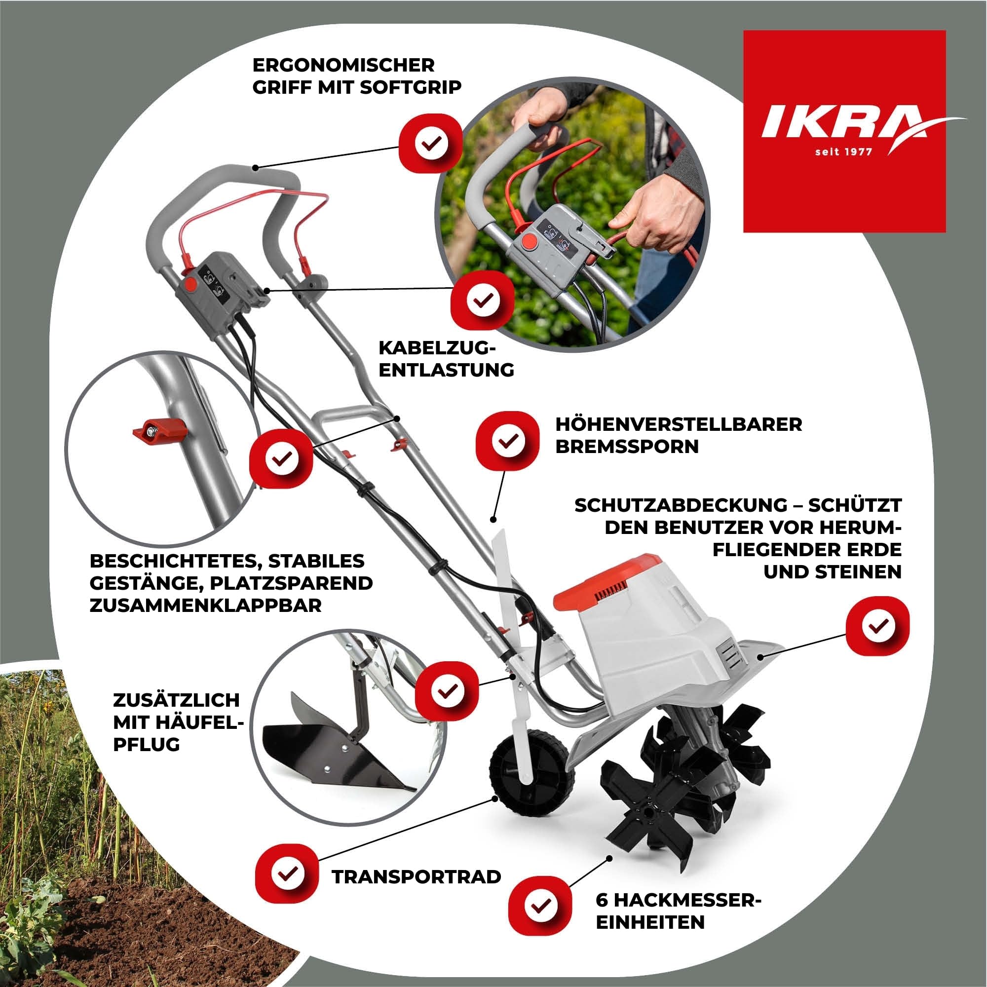 IKRA Elektro Bodenhacke IEM 1500, 2 Breiten 32 & 45cm, inkl. Häufelpflug | Boden lockern und Saatbett vorbereiten, 1500W, Arbeitstiefe 20cm, Bremssporn, Transportrad, zusammenklappbar, Überlastschutz