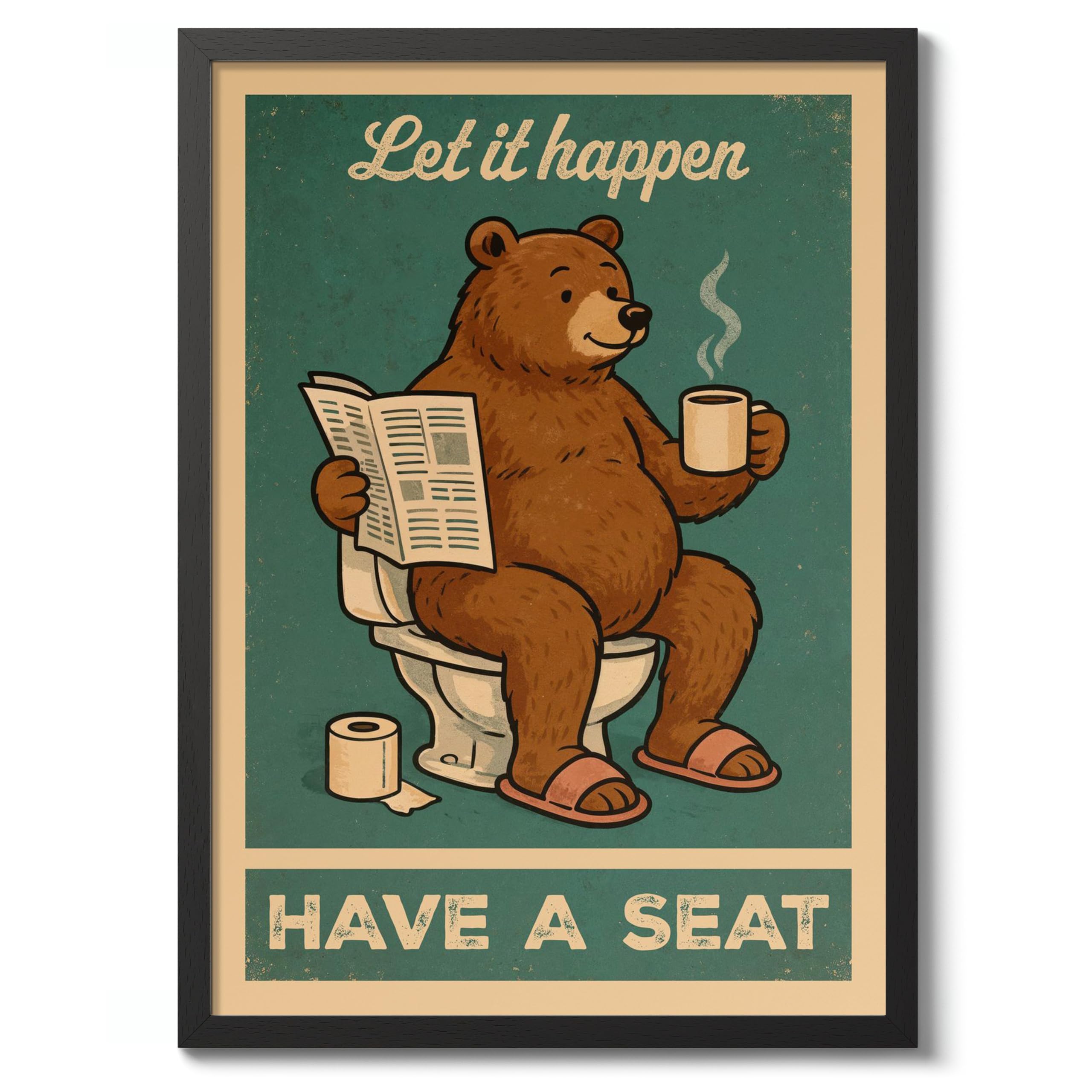 Let It Happen Bear Poster, Retro Animal Bathroom Print, Comedy Toilet Wall Art, A3 (Black Frame) - 45x32.8cm