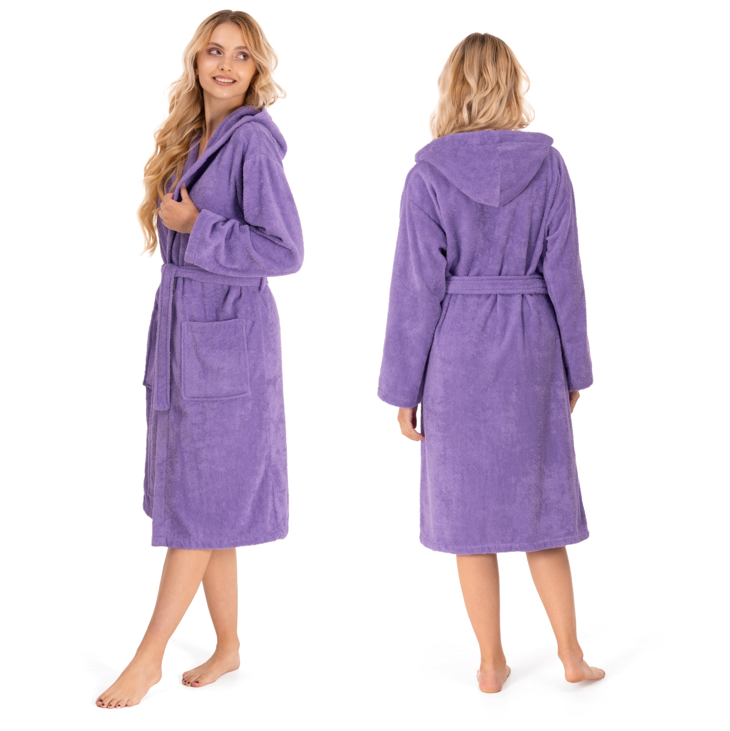 Twinzen Bata Mujer - 100% Algodón, Certificado Oeko Tex - Albornoz de Algodón con Capucha, 2 Bolsillos, Cinturón - Bata de Baño Suave, Absorbente y Cómoda