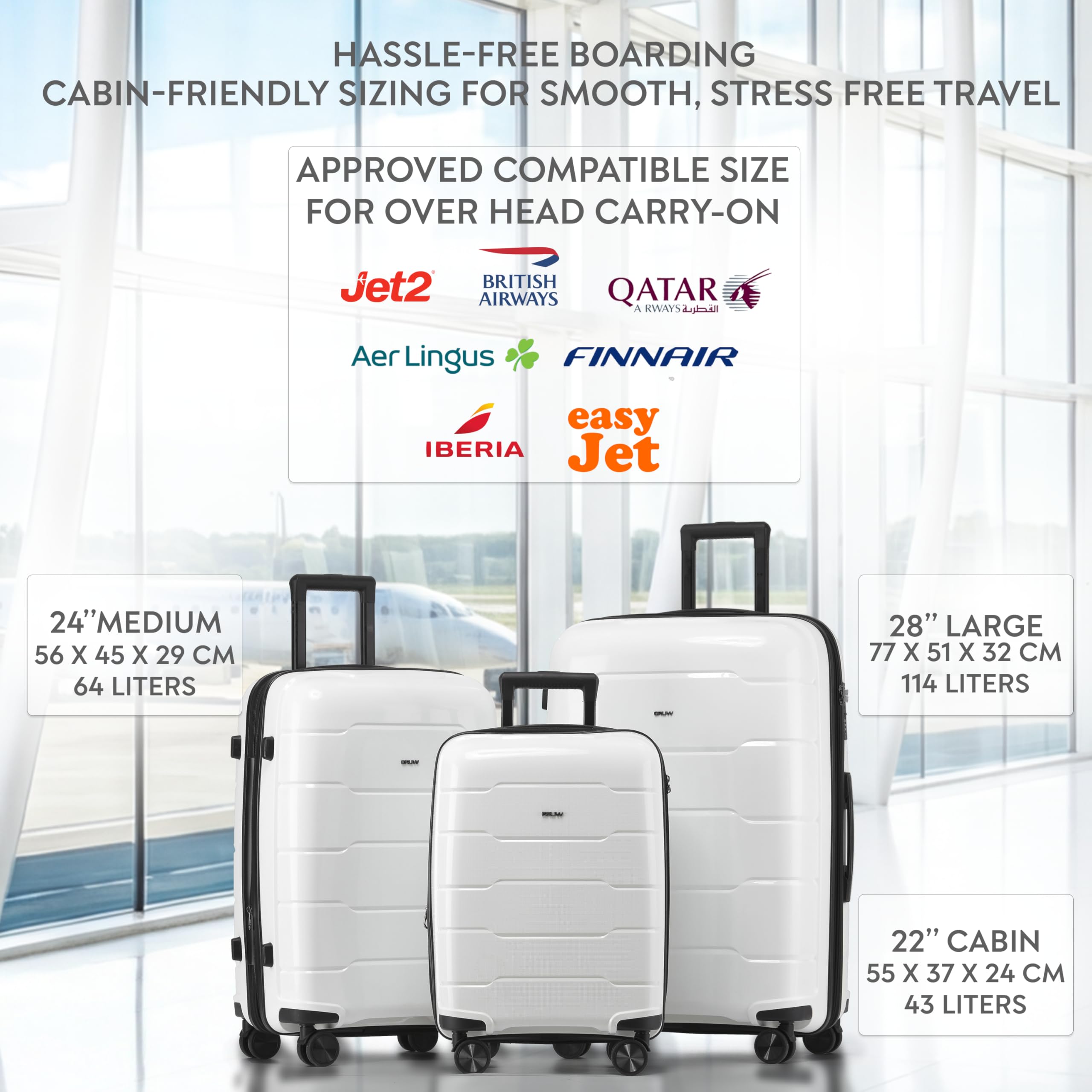 CRUW 3-Piece Luggage Set Expandable Polypropylene Suitcase Set TSA Locks 8 Silent Spinner Wheels Lightweight Nested Suitcases Travel Set easyJet British Airways Jet2 Airline-Approved Carry-On White