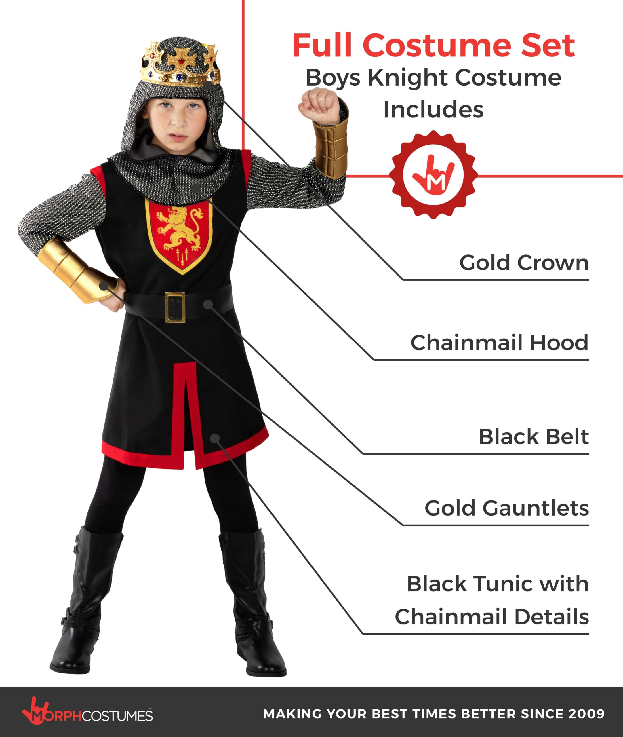 Morph Costume Cavaliere Bambino, Costume Medievale Halloween Bambino | Tunica, Cappuccio, Corona, Cintura & Guanti, Perfetto per Halloween, Ideale per il Gioco di Ruolo