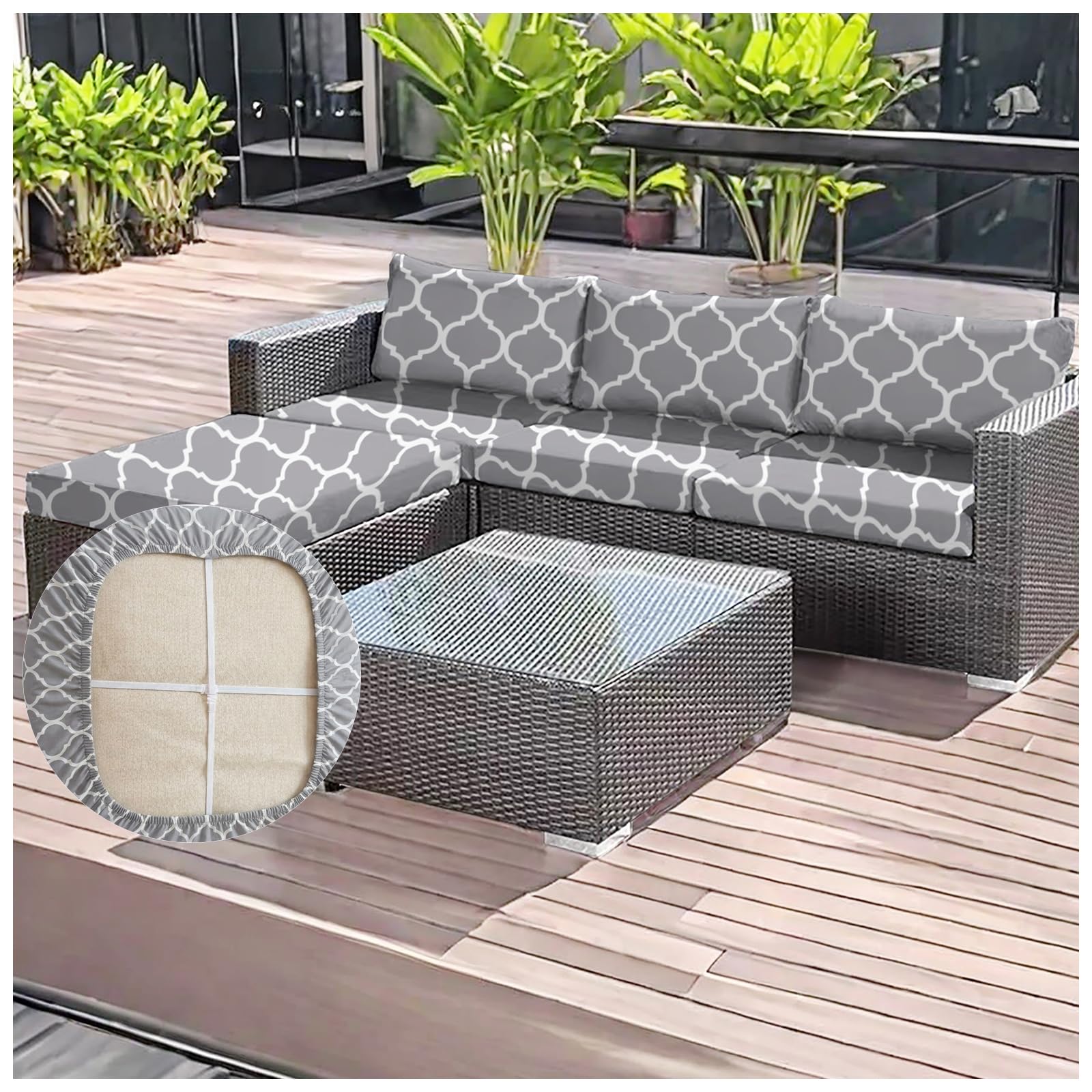 OREZAUQS 2/3/4 Pack Stretch Patio Cushion Covers | Water Resistant Outdoor Cushion Slipcovers | Washable Furniture Protector, Multiple Printed Patterns (L,M (4 PCS))