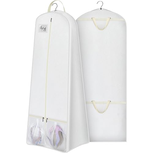 KIMBORA 72” Wedding Dress Garment Bag with 15” Gusset Bridal Dress Bags for Gowns Long Storage and Travel Large Mesh Pockets Hanging Garment Cover for Women, White