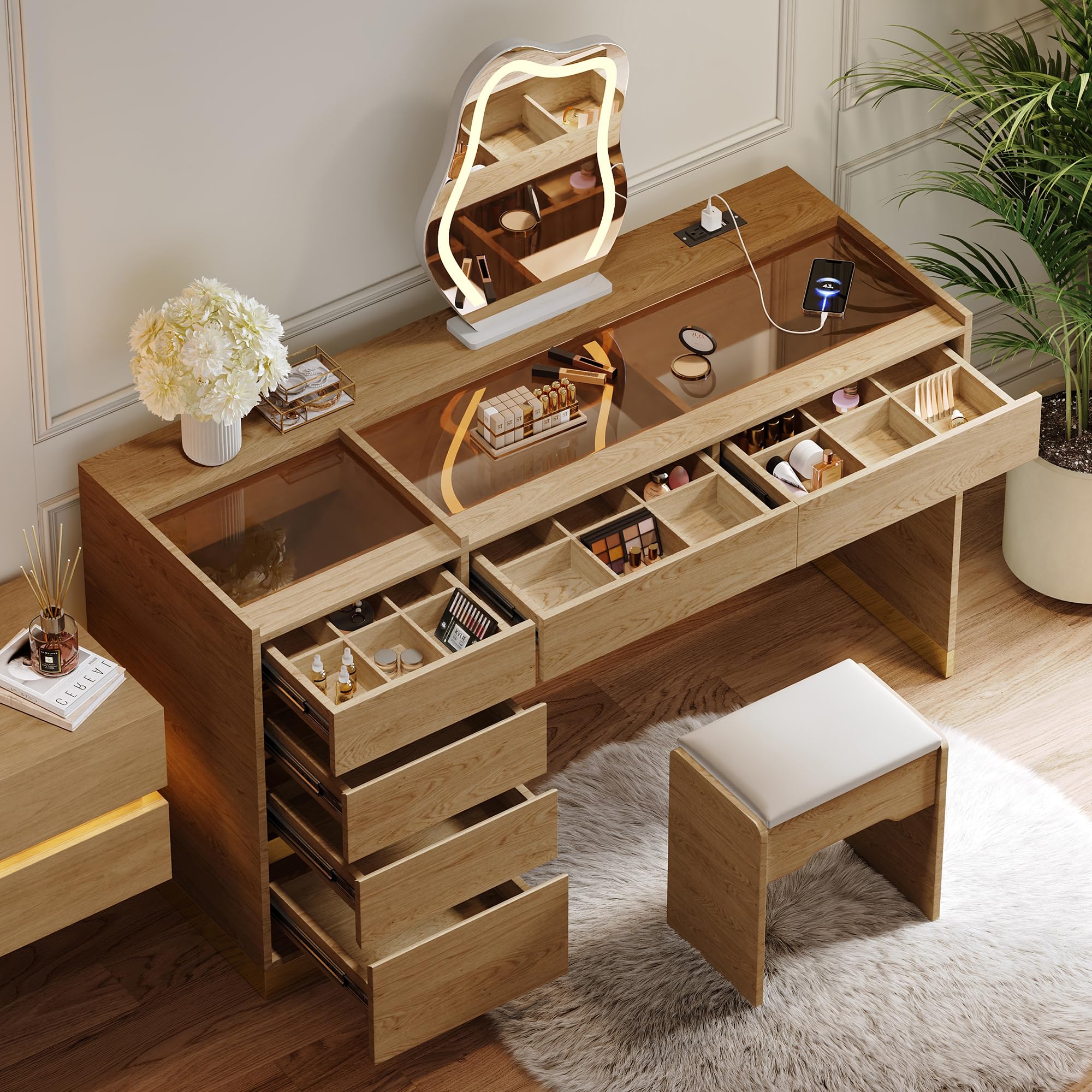 Homary Tocador de Maquillaje 140 cm con Taburete, Tocador de Maquillaje Moderno con Espejo LED, Mesa de Cristal con USB y Joyero con LED Luz, Natural