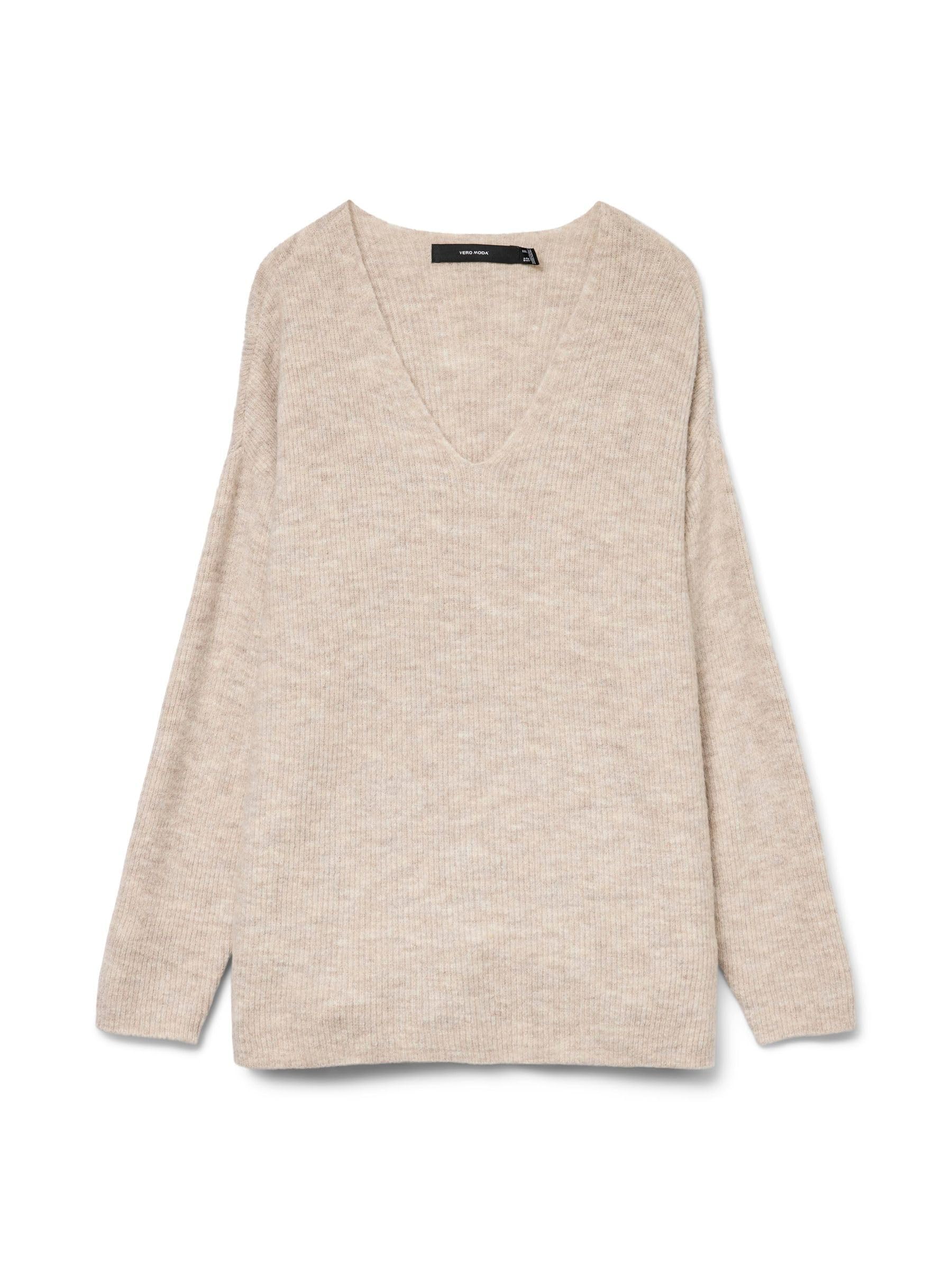 VERO MODA Knit V-Neck Sweater Long Sleeve Knitted Jumper VMCREWLEFILE, Colours:Beige, Size:XL