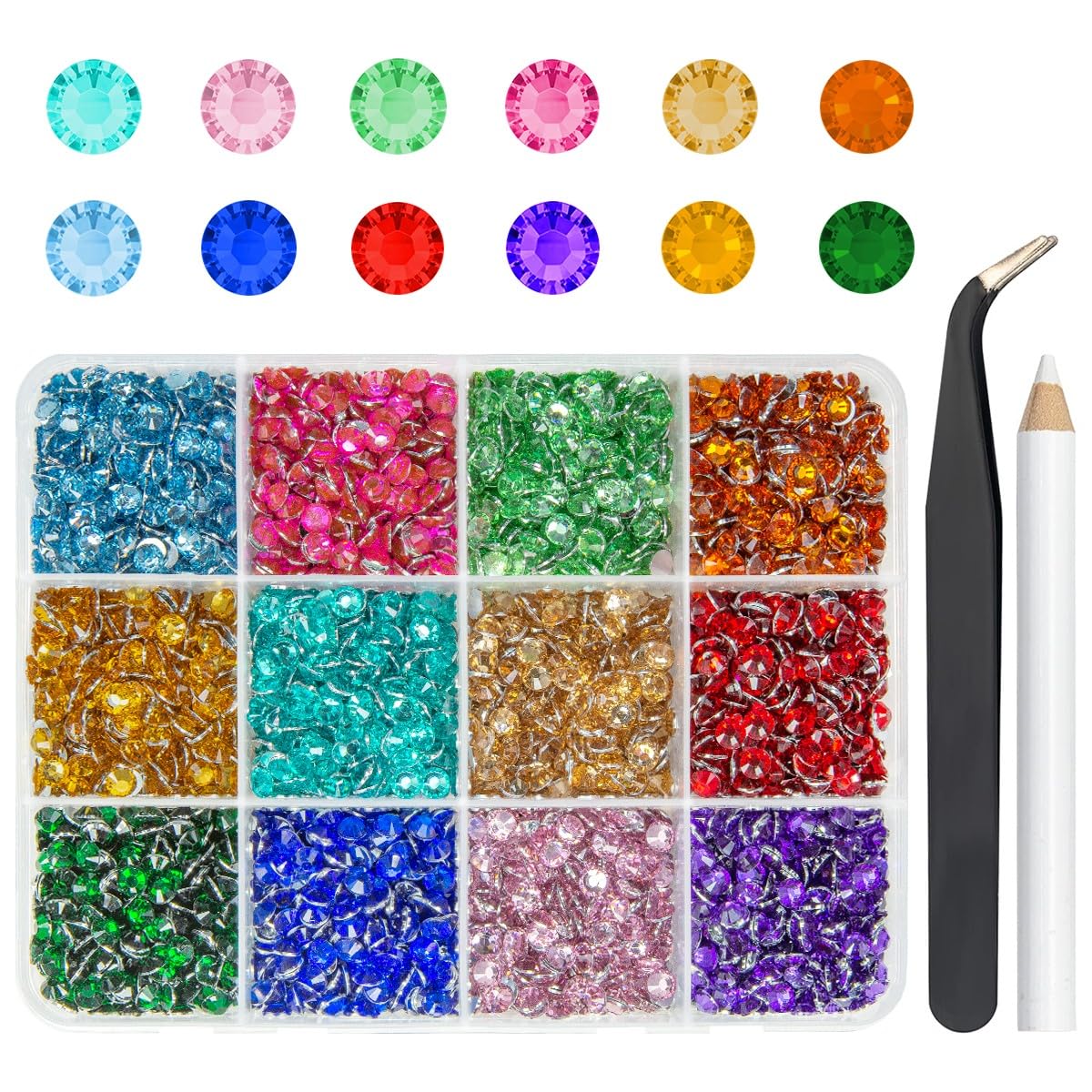 qiipii 12 Color Resin Crystal Rhinestones for Crafting 4mm Flatback Stones Gems Bright Rainbow Colorful SS16 No-Hotfix Diamonds Charms for Nails Face