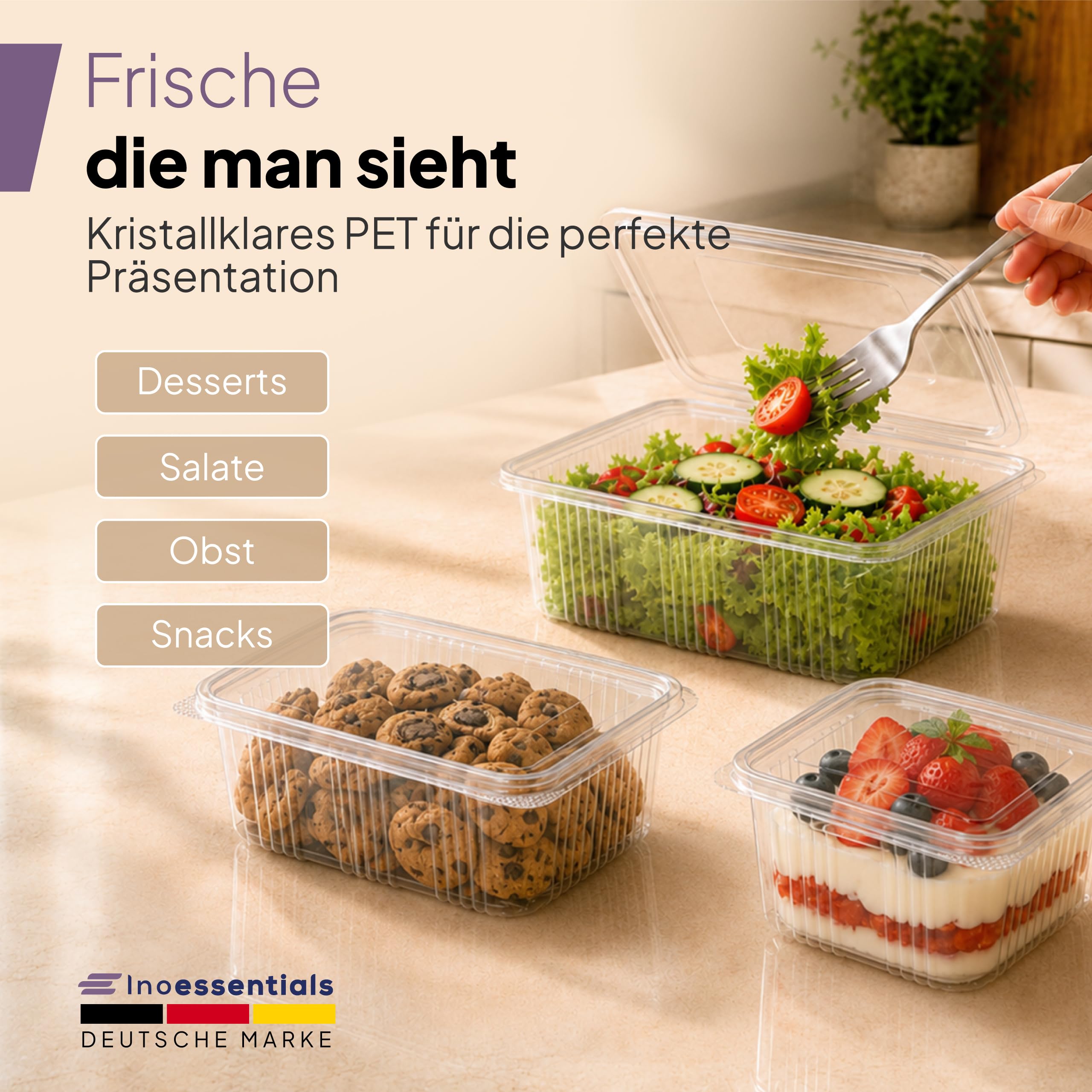 Inoverse Lot de 100 gobelets rectangulaires en PET avec couvercle - 1500 ml